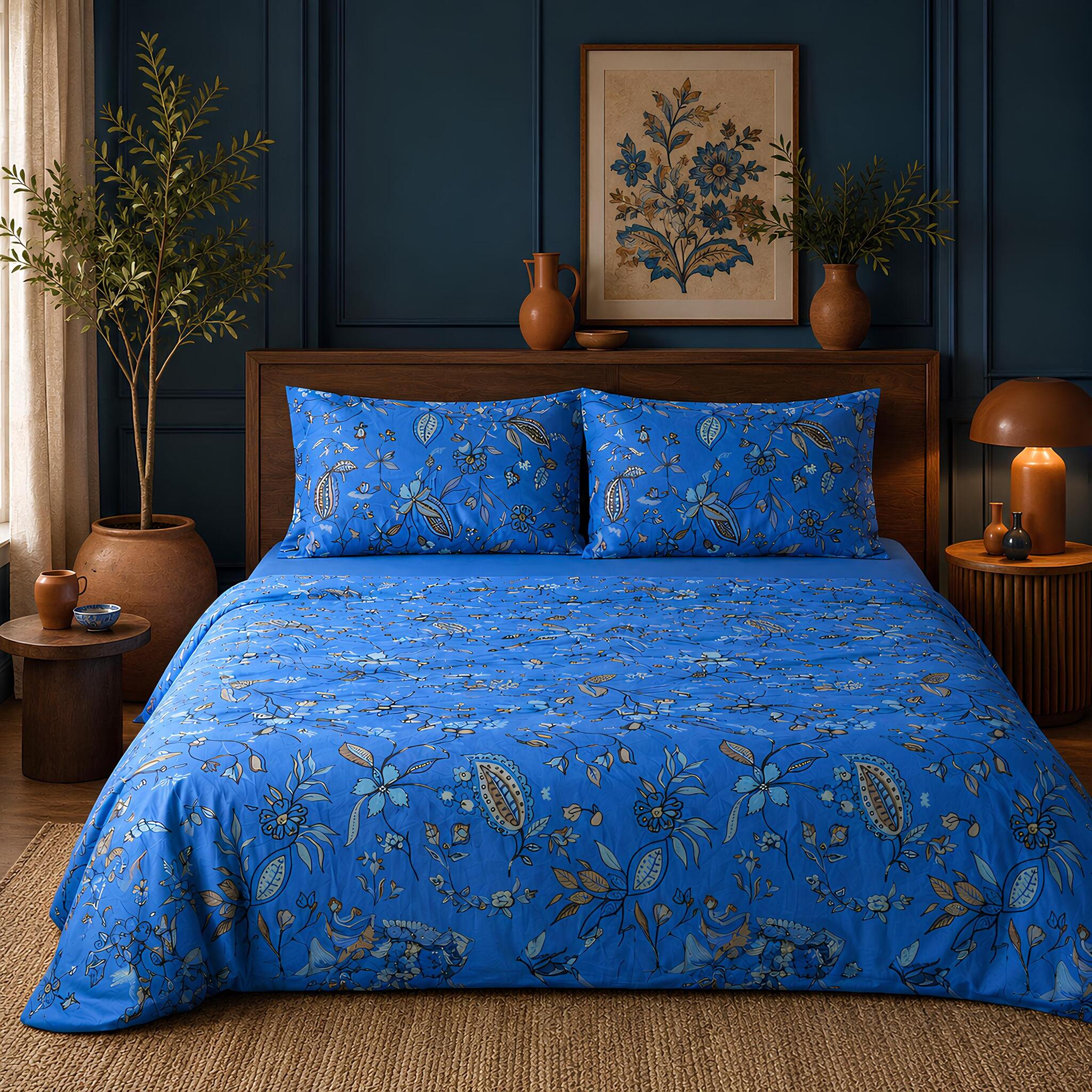 Completo copripiumino matrimoniale Bassetti Sikar blu ambientato sul letto