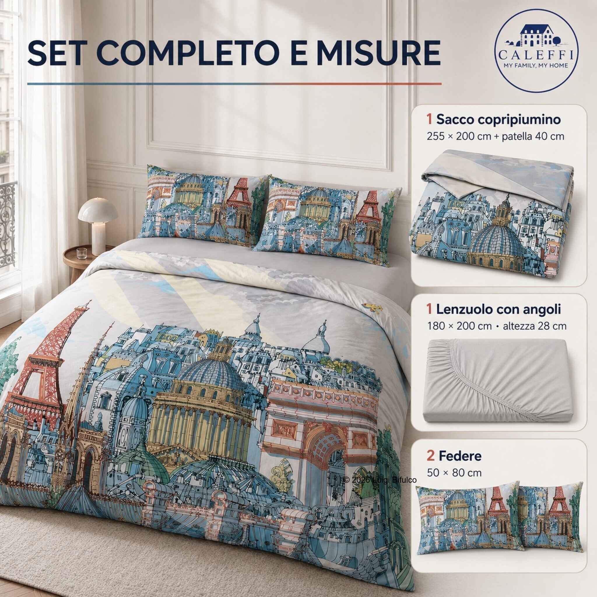 Misure del completo copripiumino Caleffi Paris con sacco 255x200 cm e due federe