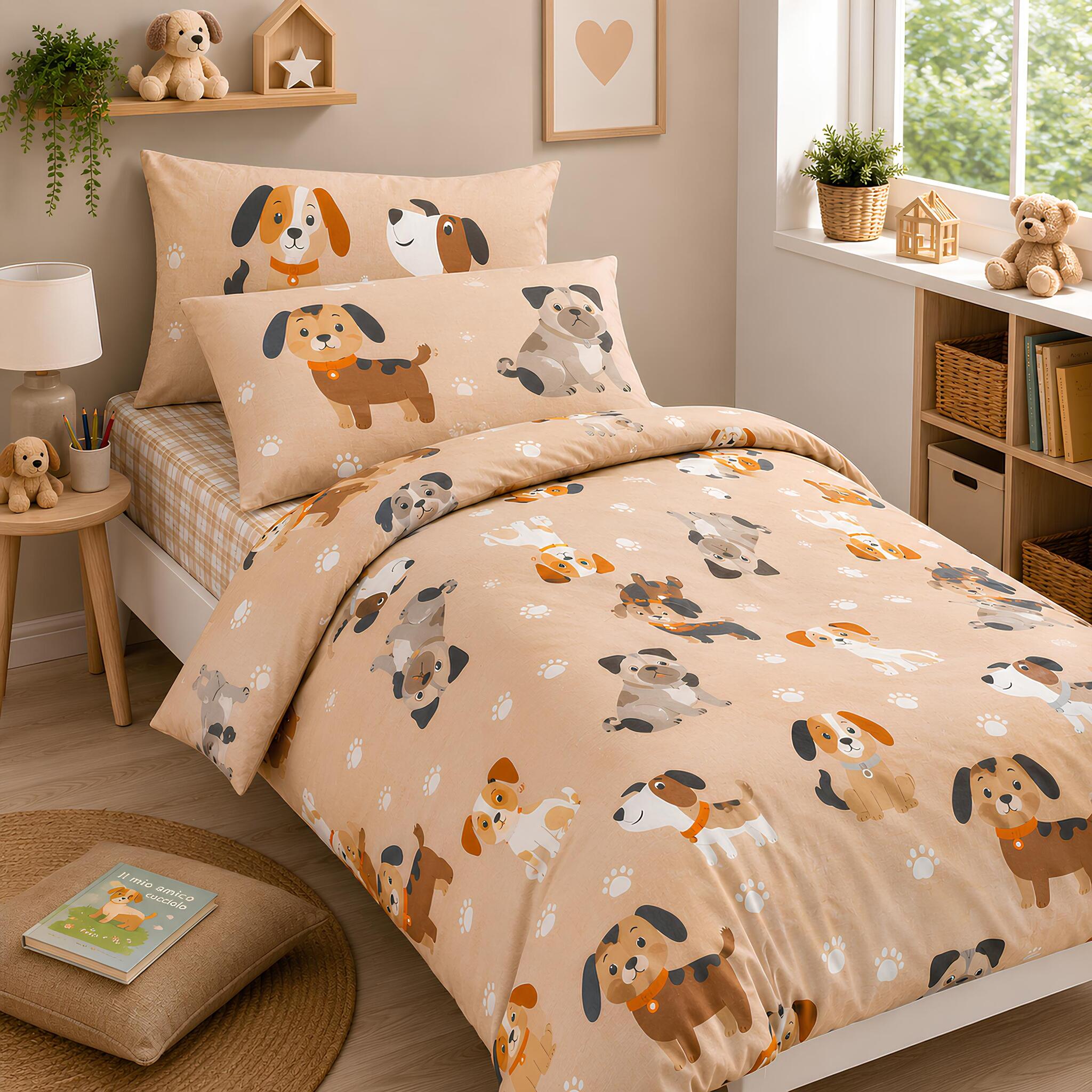 Completo copripiumino singolo Caleffi Cuccioli naturale in cotone con fantasia cagnolini