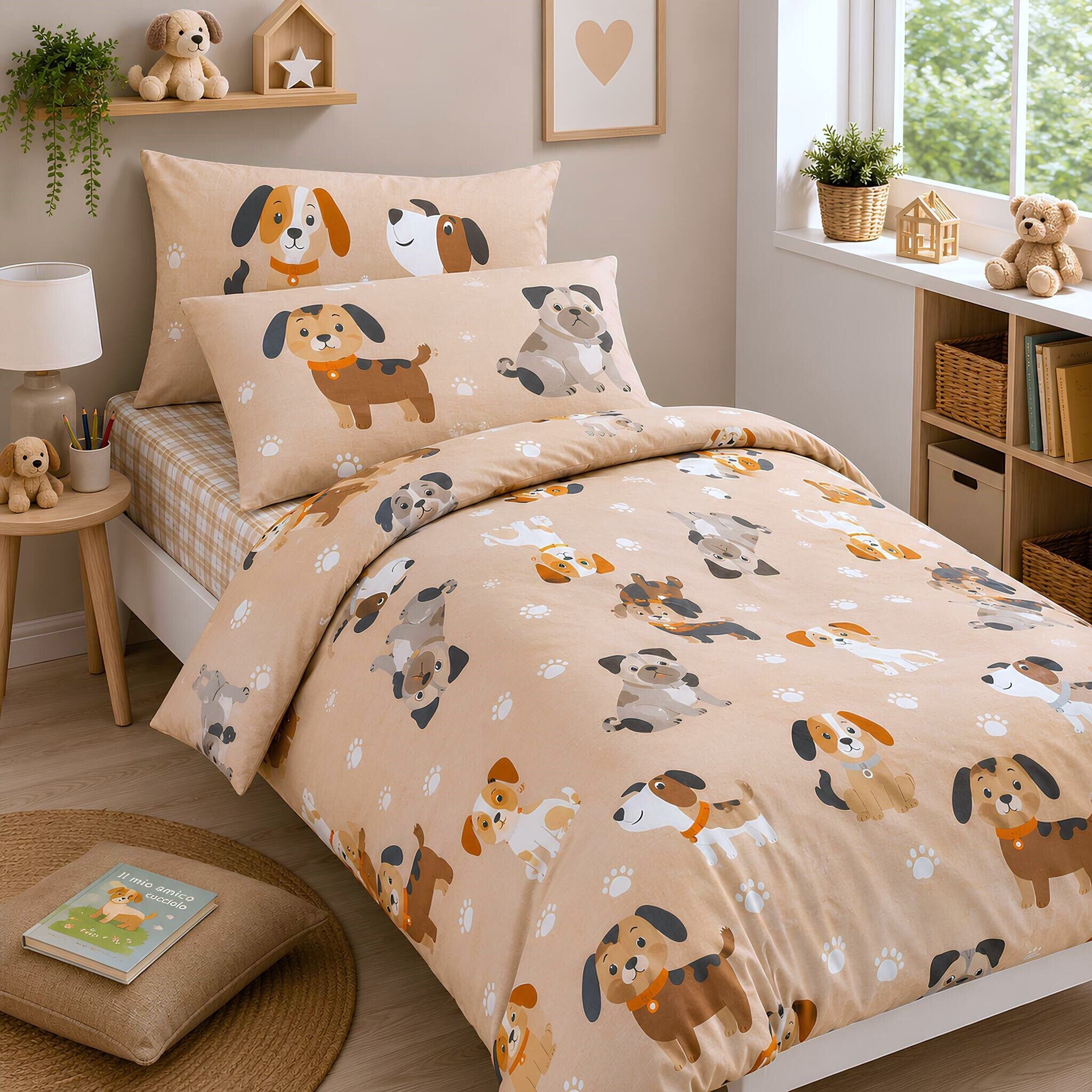 Completo copripiumino singolo Caleffi Cuccioli naturale in cotone con fantasia cagnolini colorati