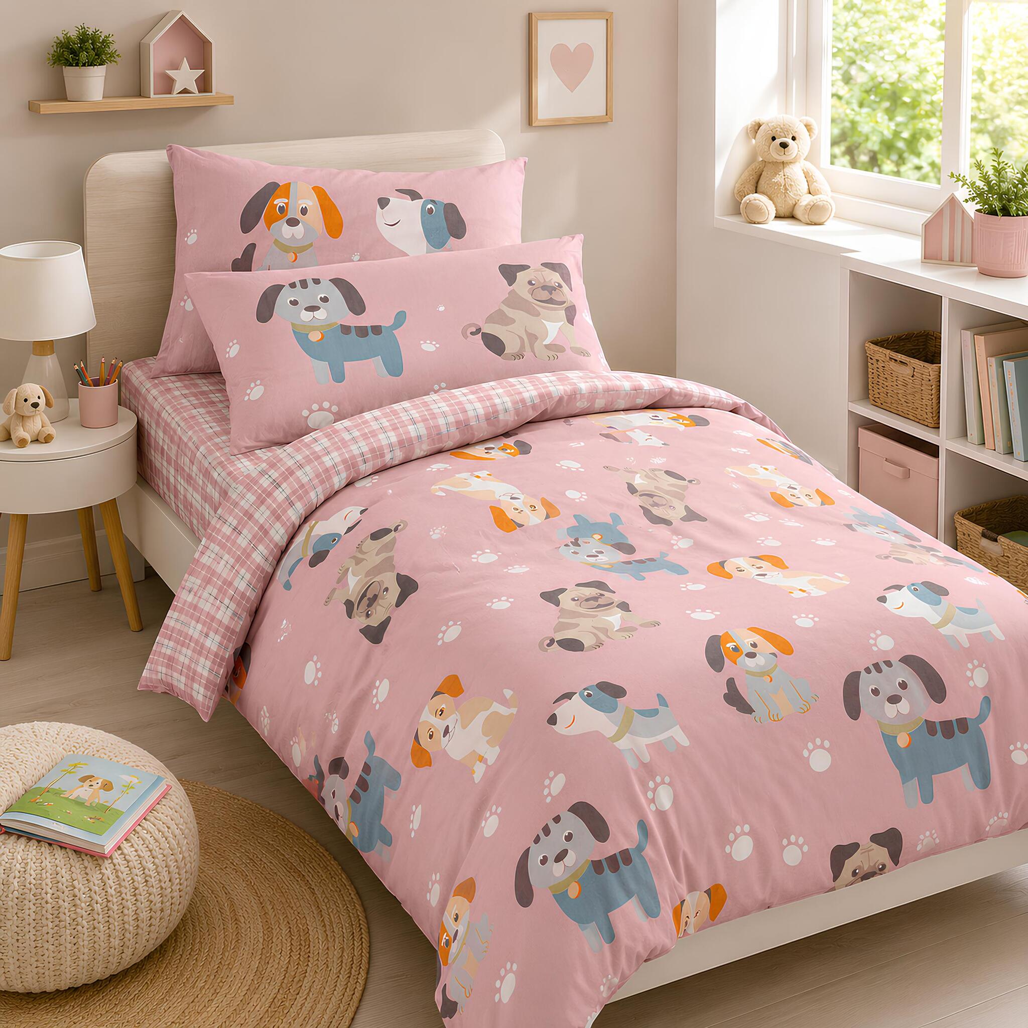 Completo copripiumino singolo Caleffi Cuccioli rosa in cotone con fantasia cagnolini colorati