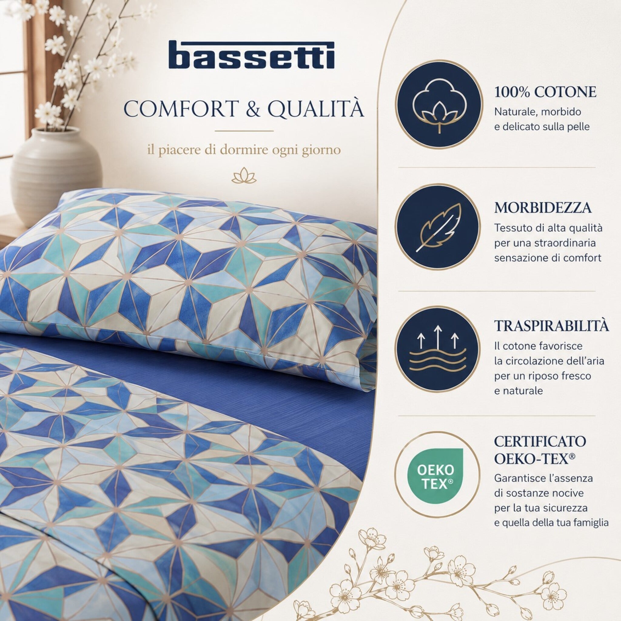 Completo letto Bassetti Arita in cotone naturale con certificazione OEKO-TEX.