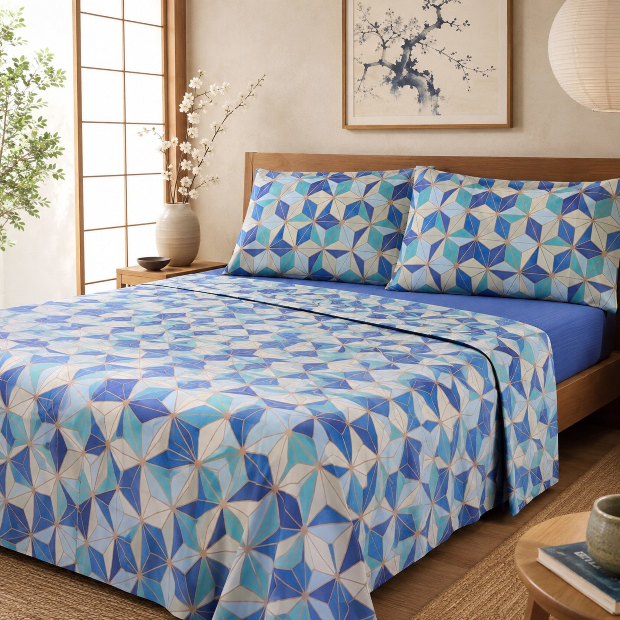 Completo lenzuola una piazza e mezza Bassetti Arita in 100% cotone fantasia geometrica blu.