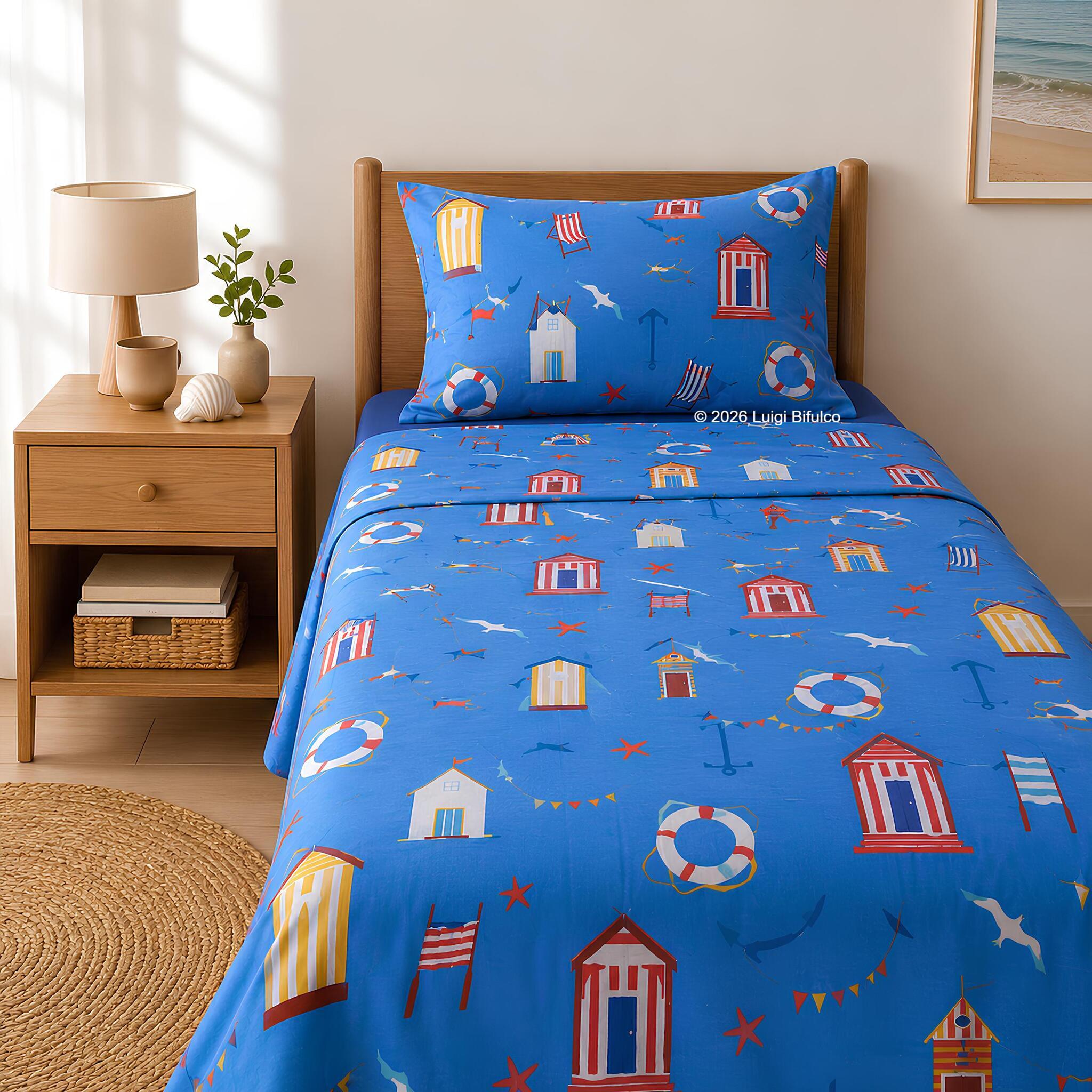 Completo lenzuola una piazza e mezza Bassetti Cabana blu in 100% tela di cotone ambientato