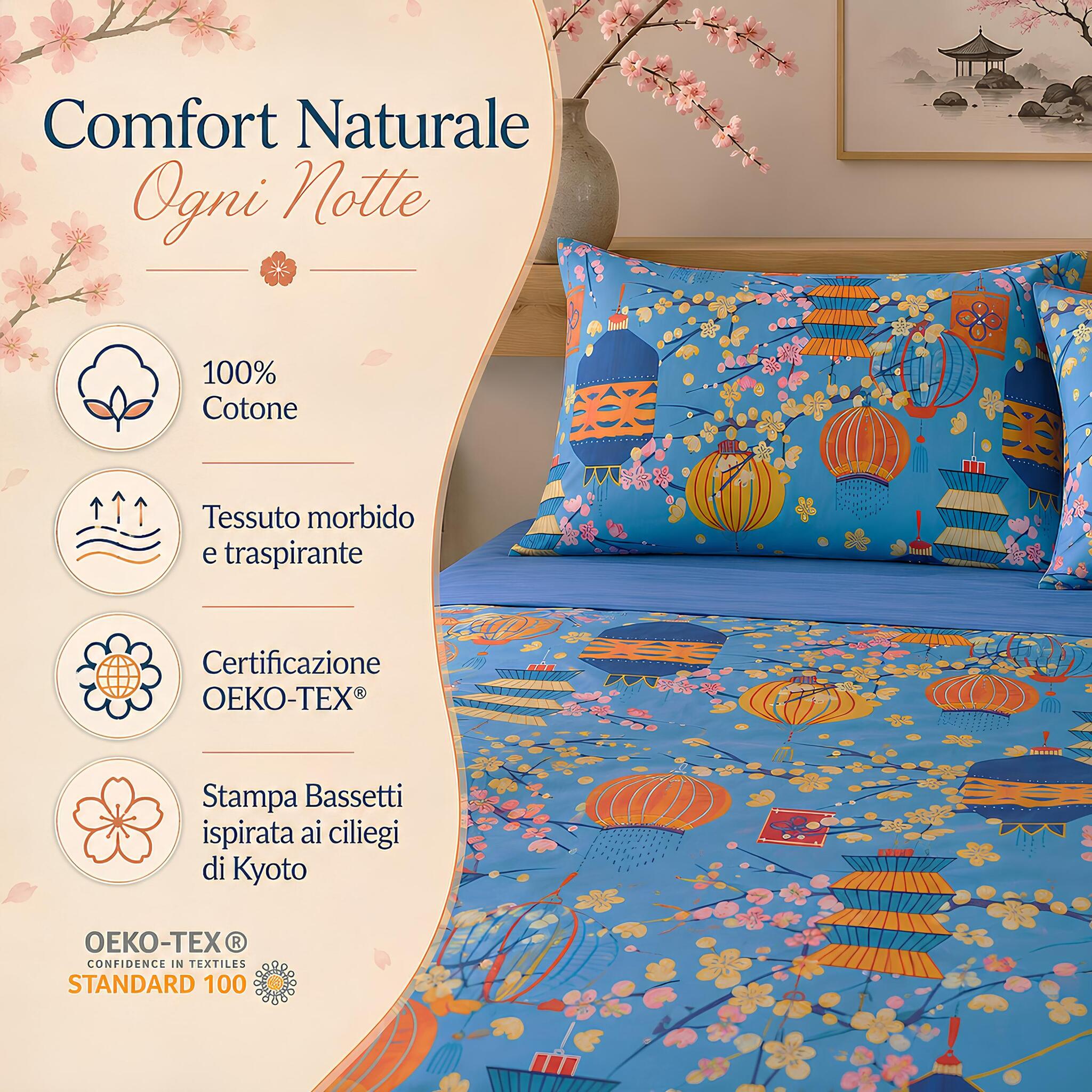 Completo letto Bassetti Kyoto in puro cotone morbido e traspirante con certificazione OEKO-TEX.