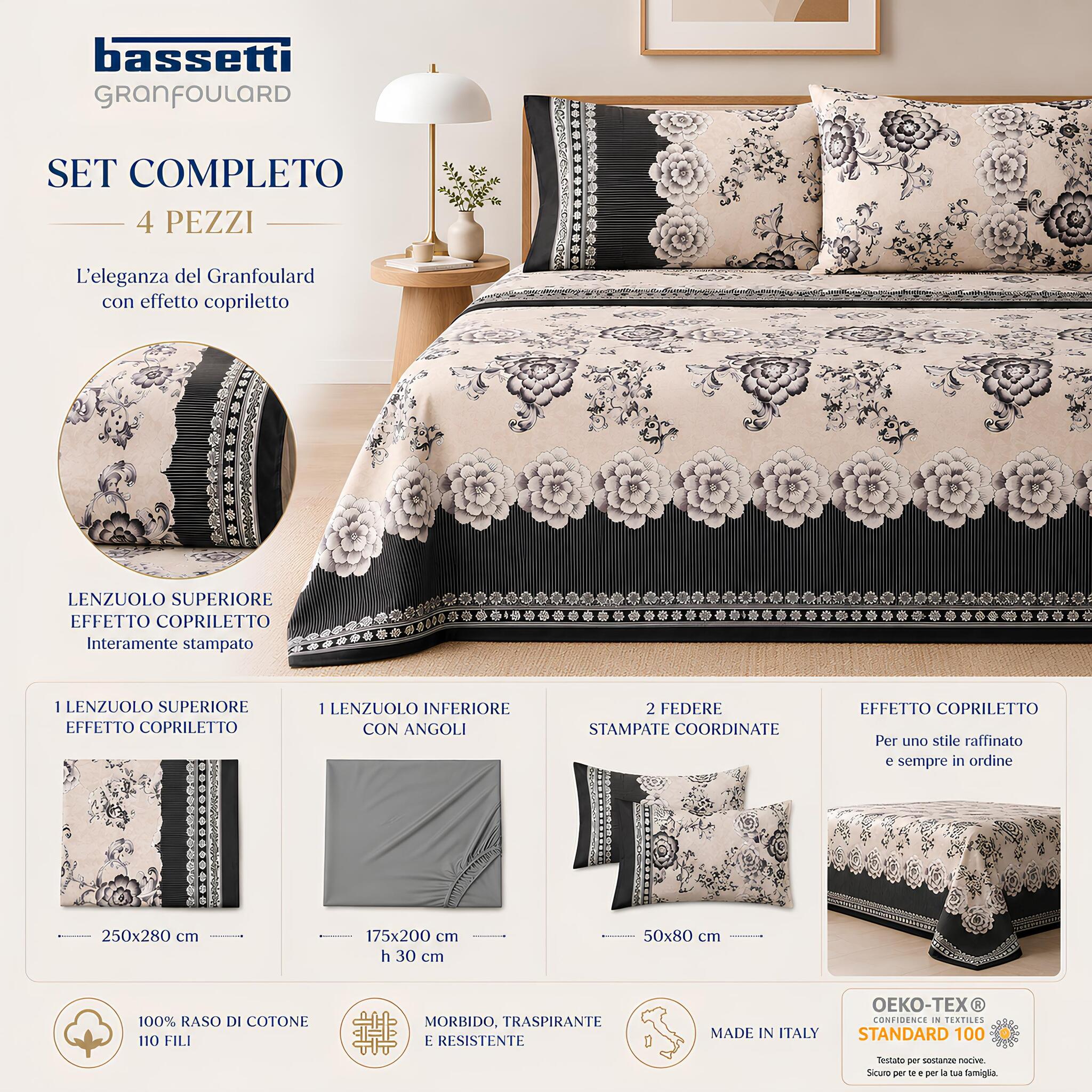 Set 4 pezzi Bassetti Paraggi Avorio con lenzuolo superiore 250x280, sotto con angoli e due federe 50x80 cm