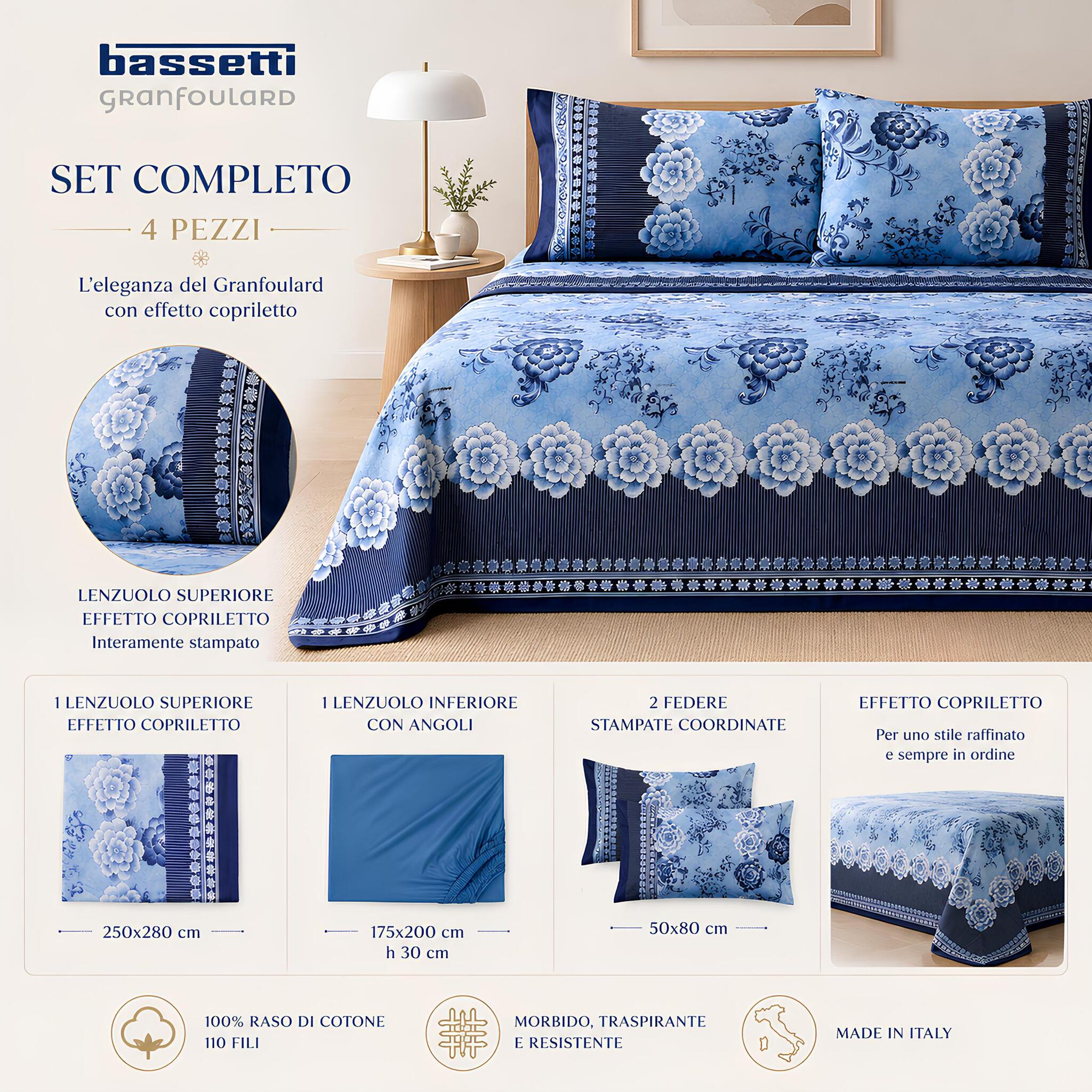 Set 4 pezzi Bassetti Paraggi Azzurro con lenzuolo superiore effetto copriletto, lenzuolo con angoli e due federe