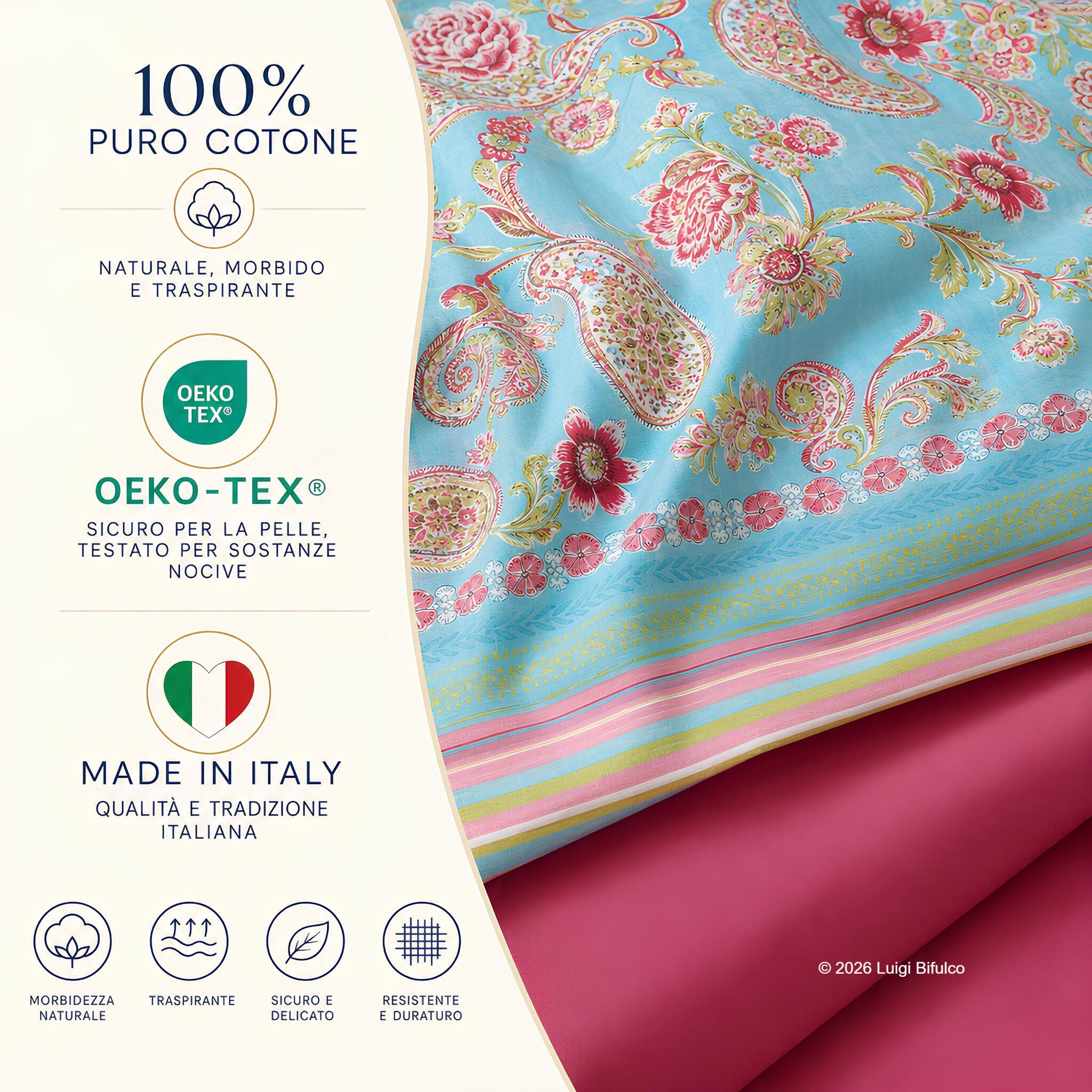Dettaglio tessuto completo lenzuola Bassetti Granfoulard Rapallo in 100% puro cotone certificato OEKO-TEX®