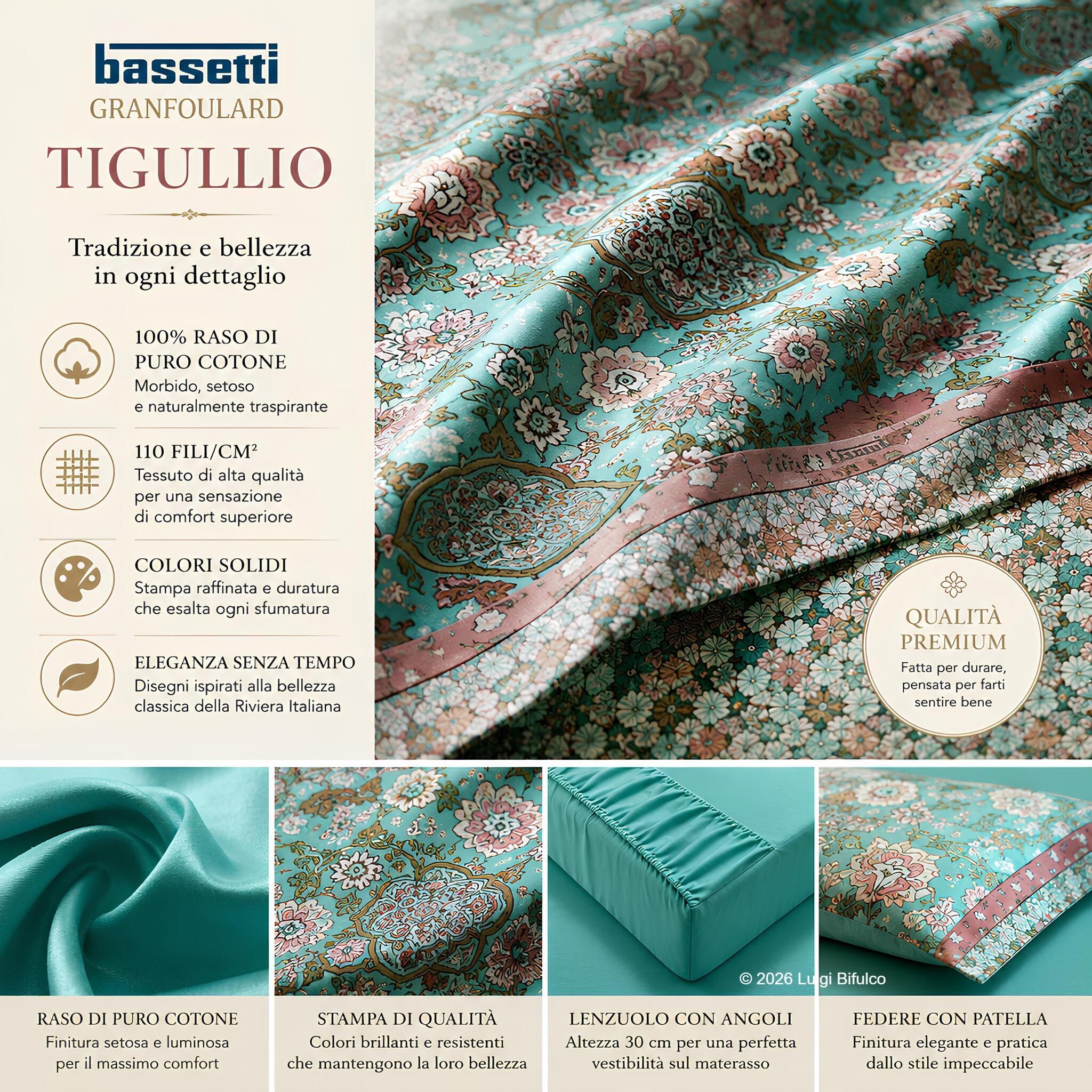 Dettaglio del raso di puro cotone 110 fili cm² del completo lenzuola Bassetti Tigullio colore Acqua