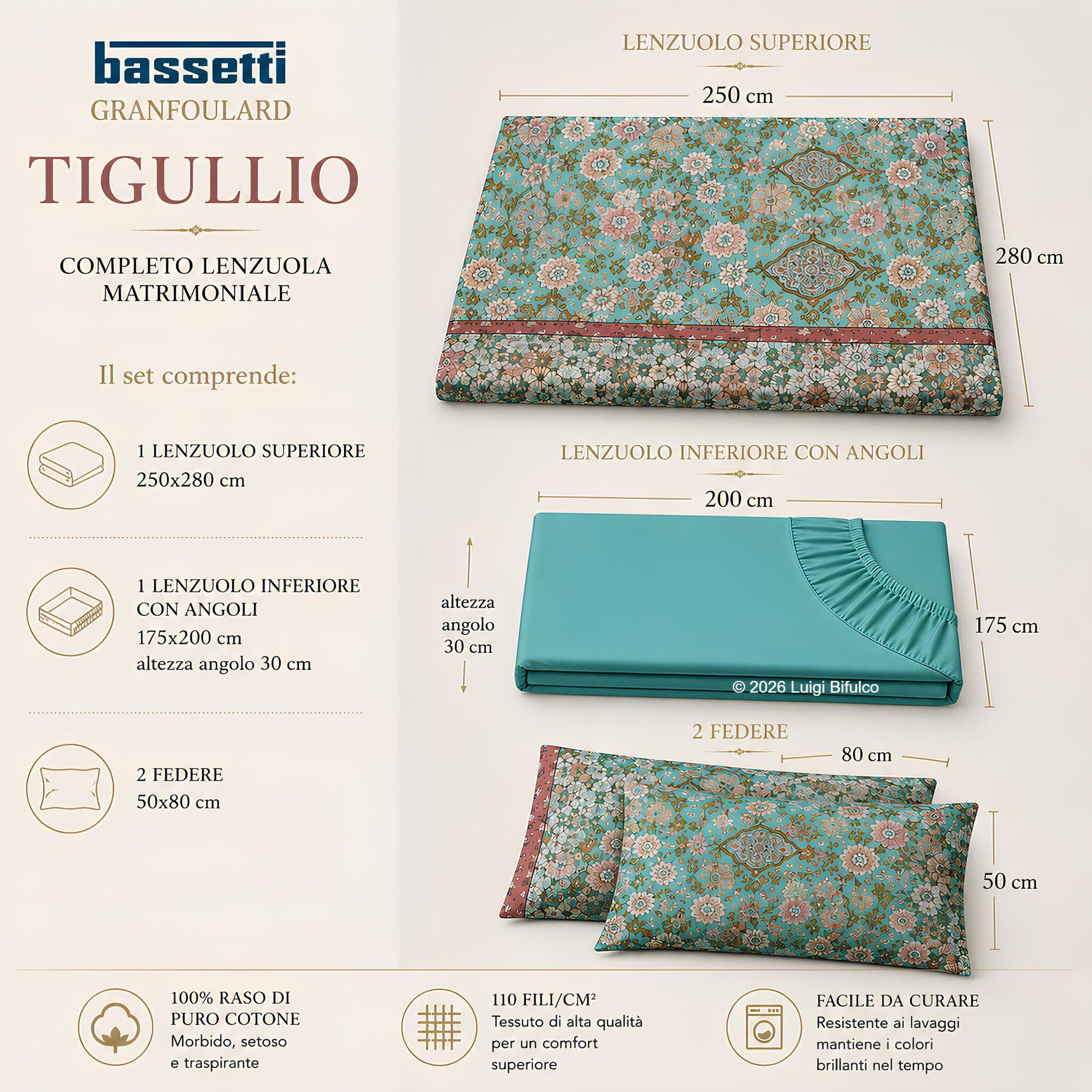 Misure del completo lenzuola matrimoniale Bassetti Granfoulard Tigullio con lenzuolo sopra sotto e federe