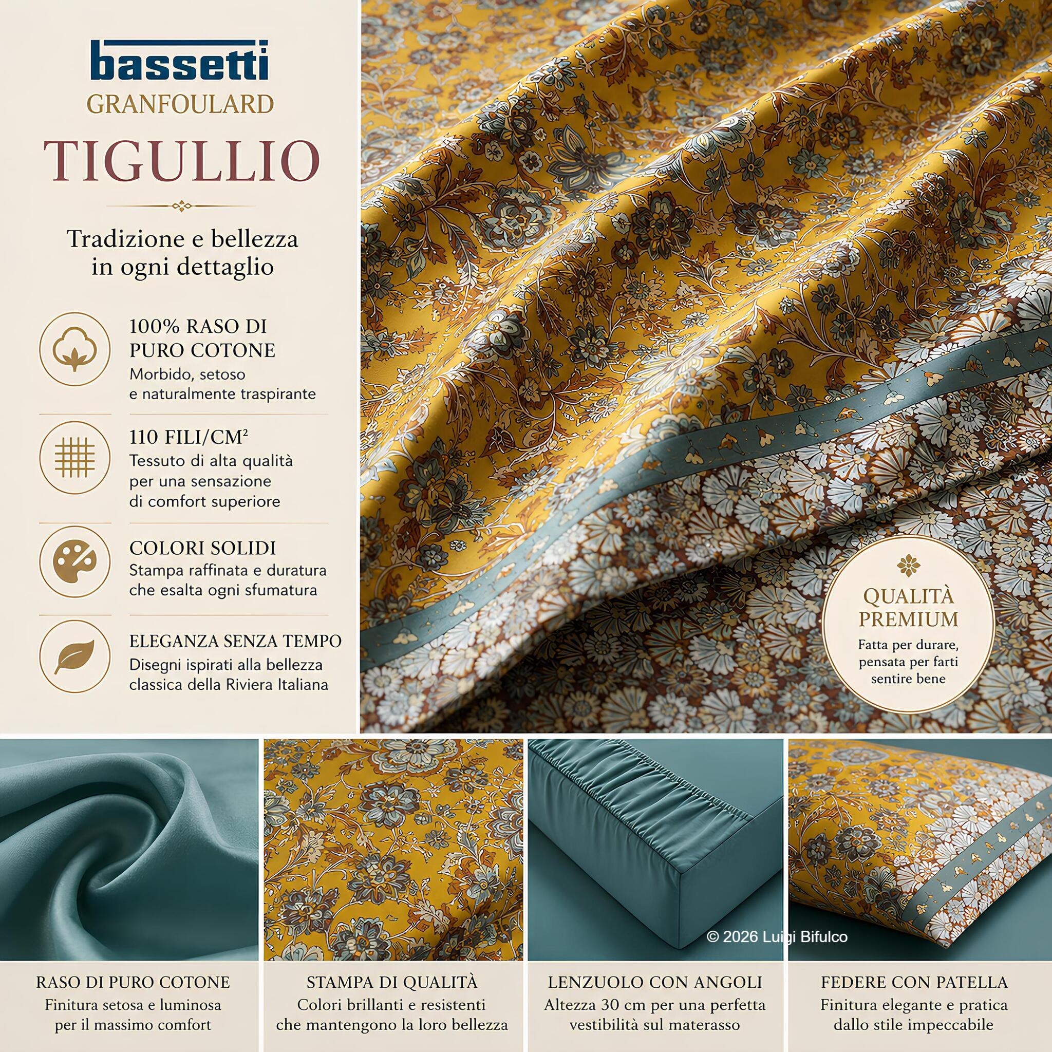 Dettaglio del raso di puro cotone 110 fili cm² del completo lenzuola Bassetti Tigullio colore Oro