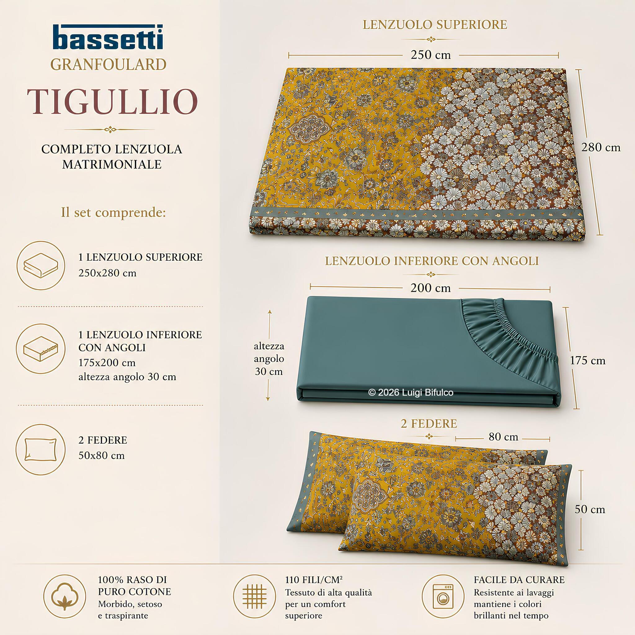 Misure del completo lenzuola matrimoniale Bassetti Granfoulard Tigullio colore Oro