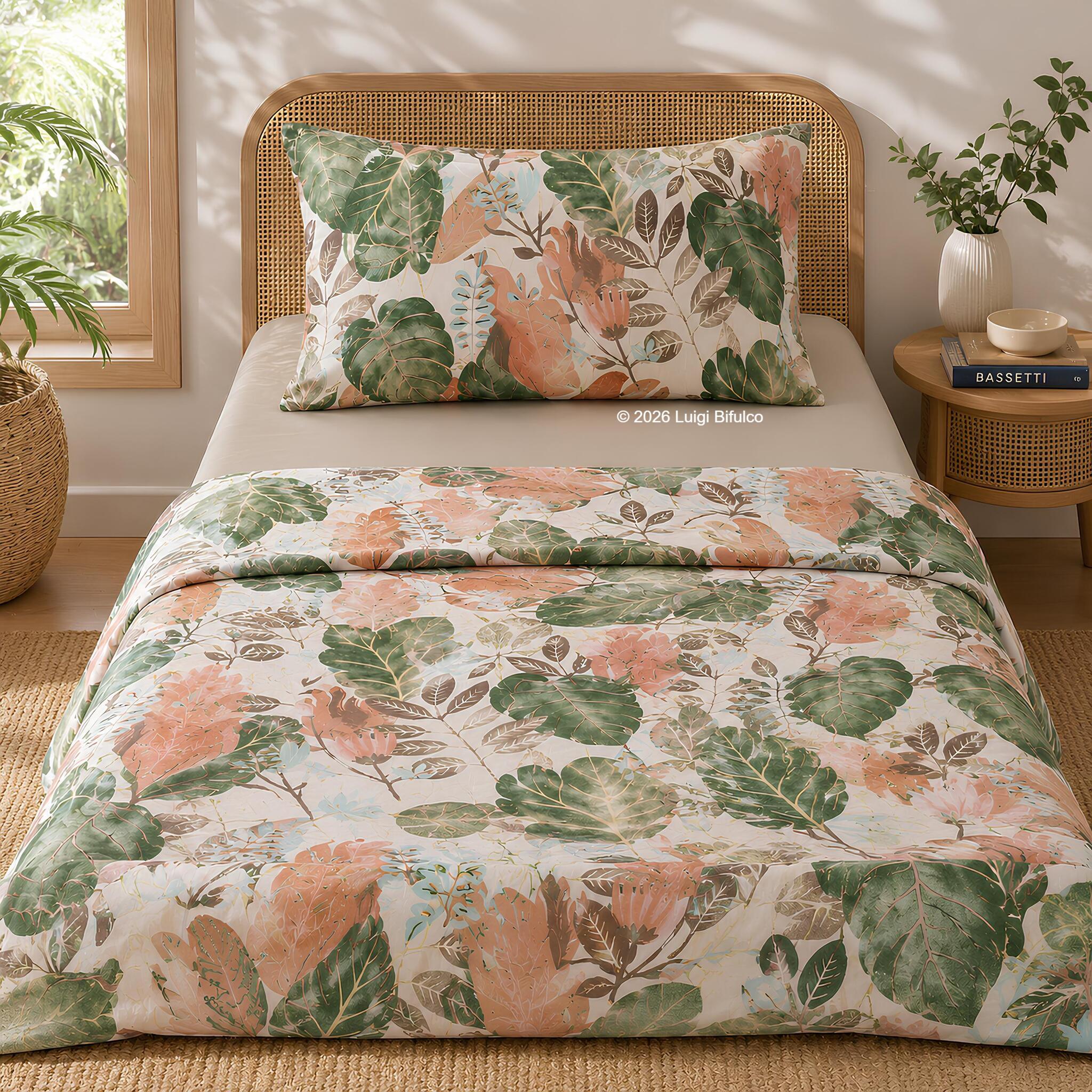 Completo lenzuola una piazza e mezza Bassetti Tropic beige in 100% tela di cotone con fantasia tropicale