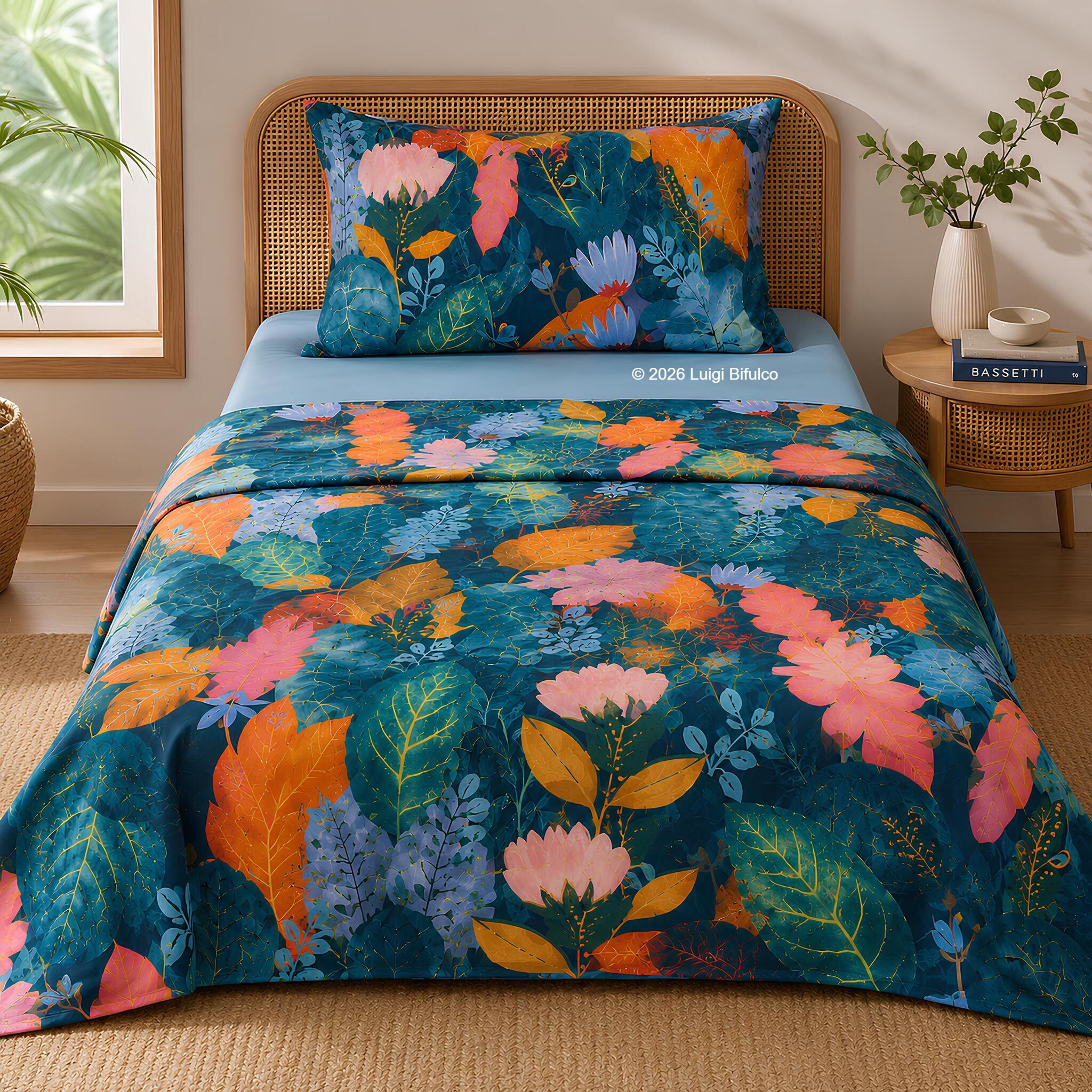 Completo lenzuola una piazza e mezza Bassetti Tropic blu in 100% tela di cotone con fantasia tropicale