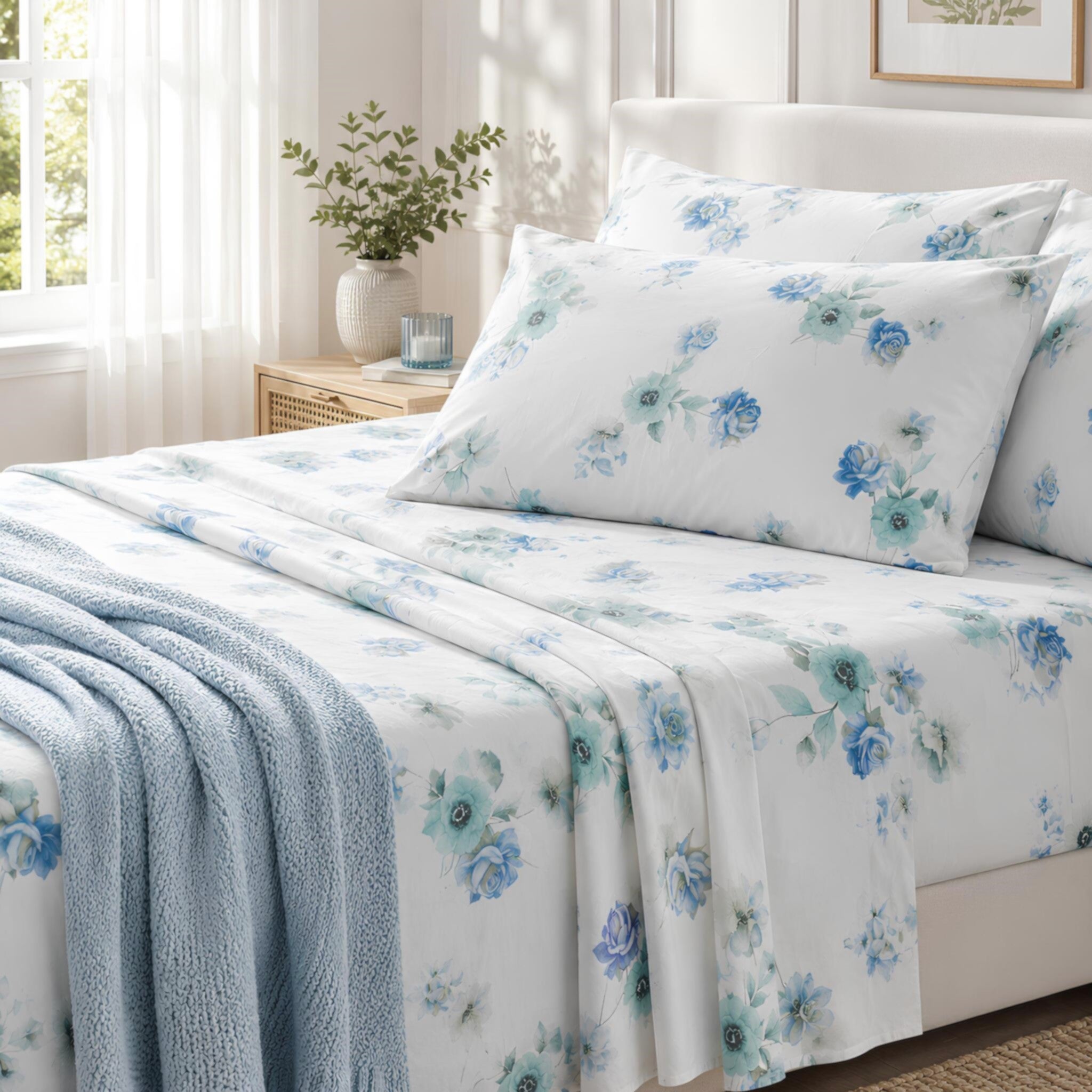 Completo lenzuola matrimoniale Caleffi Flores azzurro in puro cotone con fantasia floreale elegante