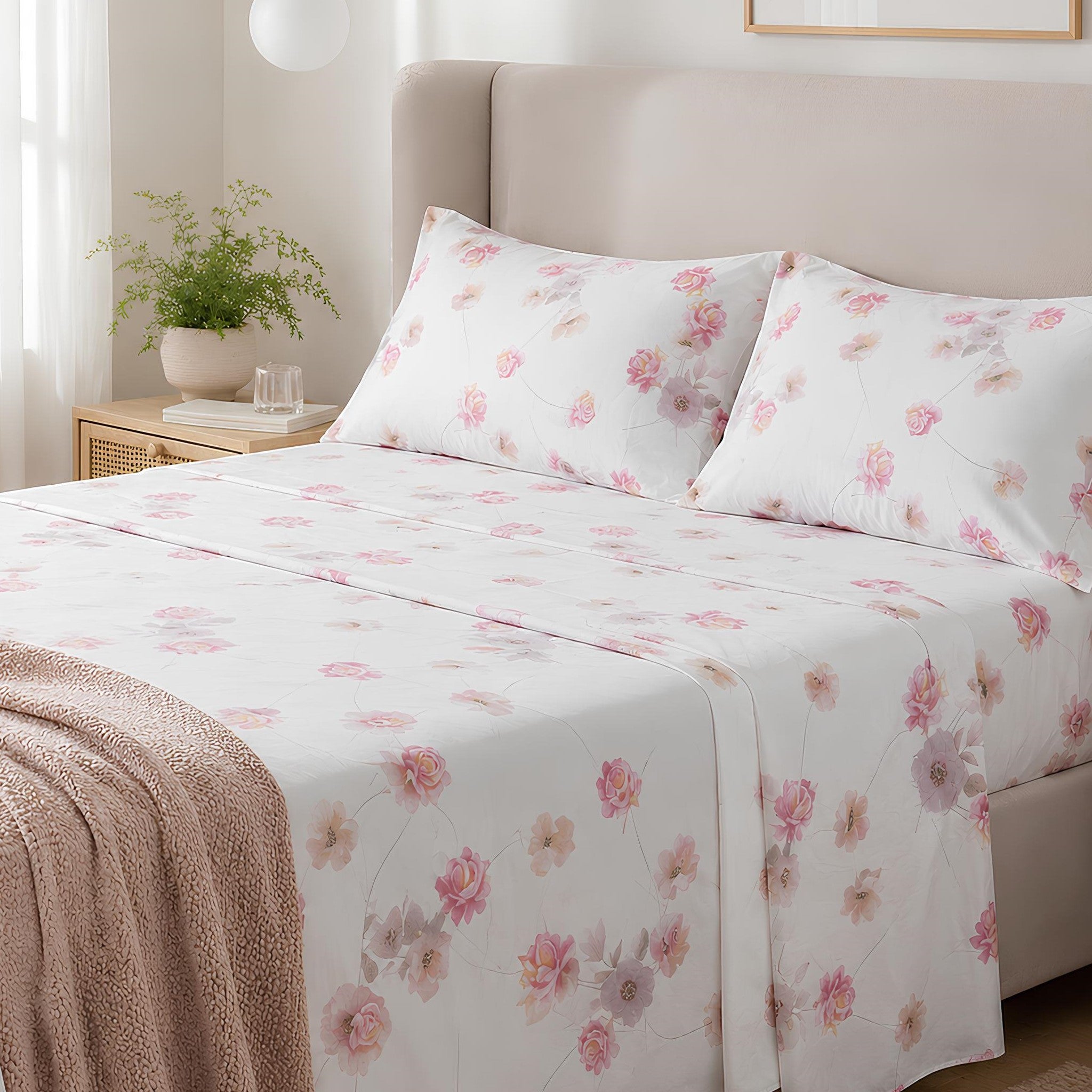 Completo lenzuola matrimoniale Caleffi Flores rosa in 100 cotone con elegante fantasia floreale romantica