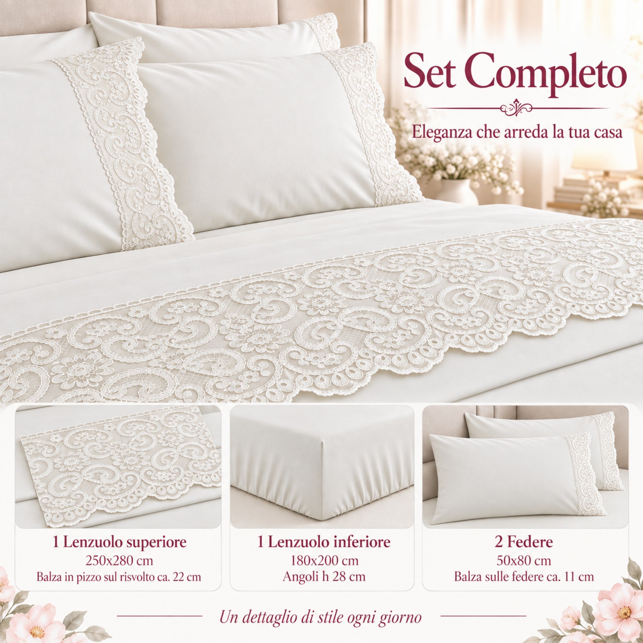 Misure completo lenzuola matrimoniale Carezze Allegra avorio 4 pezzi