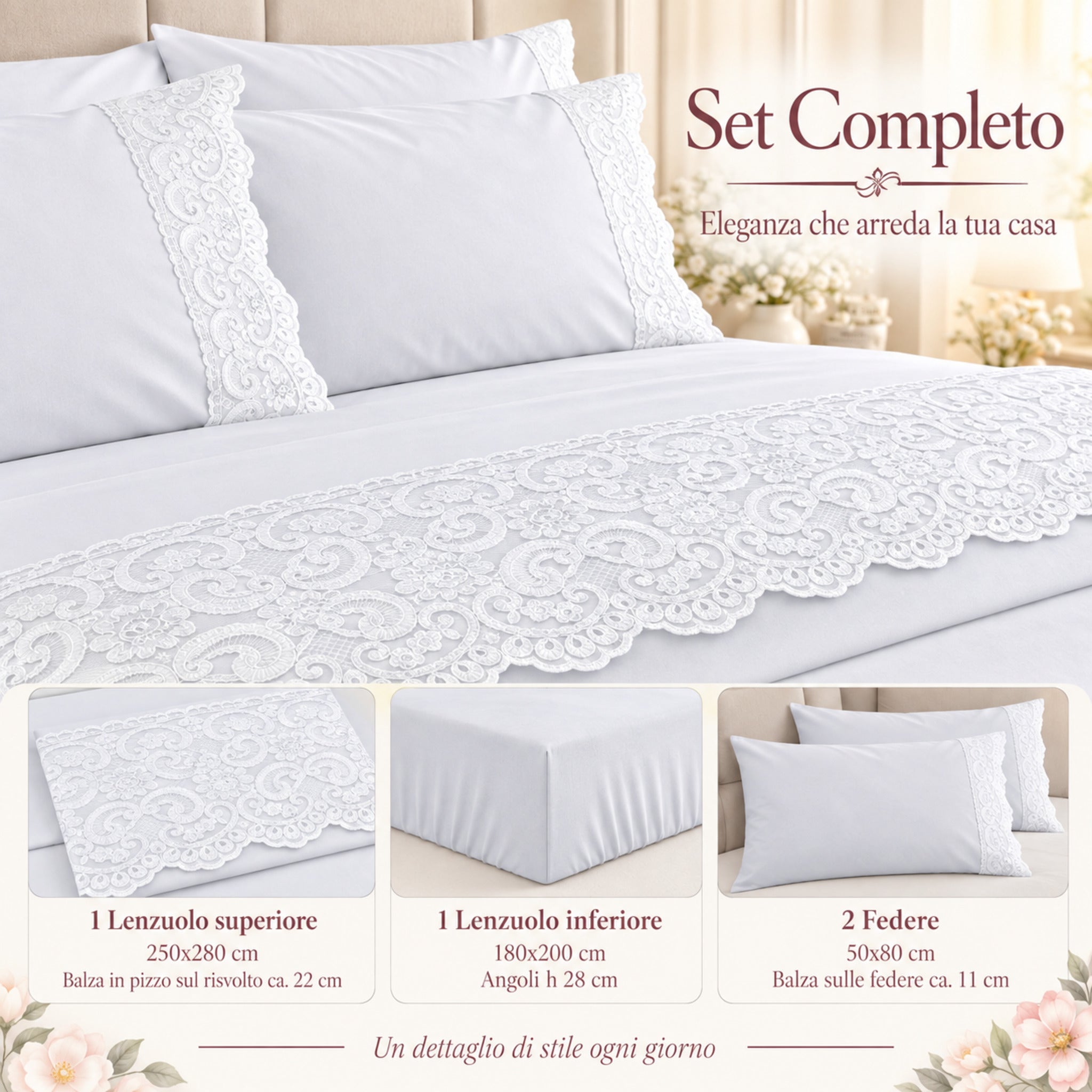 Misure del completo lenzuola matrimoniale Carezze Allegra bianco 4 pezzi