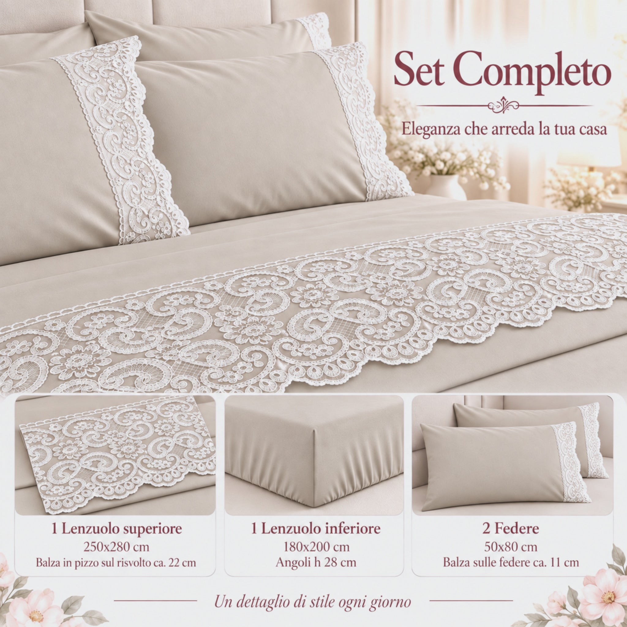 Misure completo lenzuola matrimoniale Carezze Allegra ecrù 4 pezzi