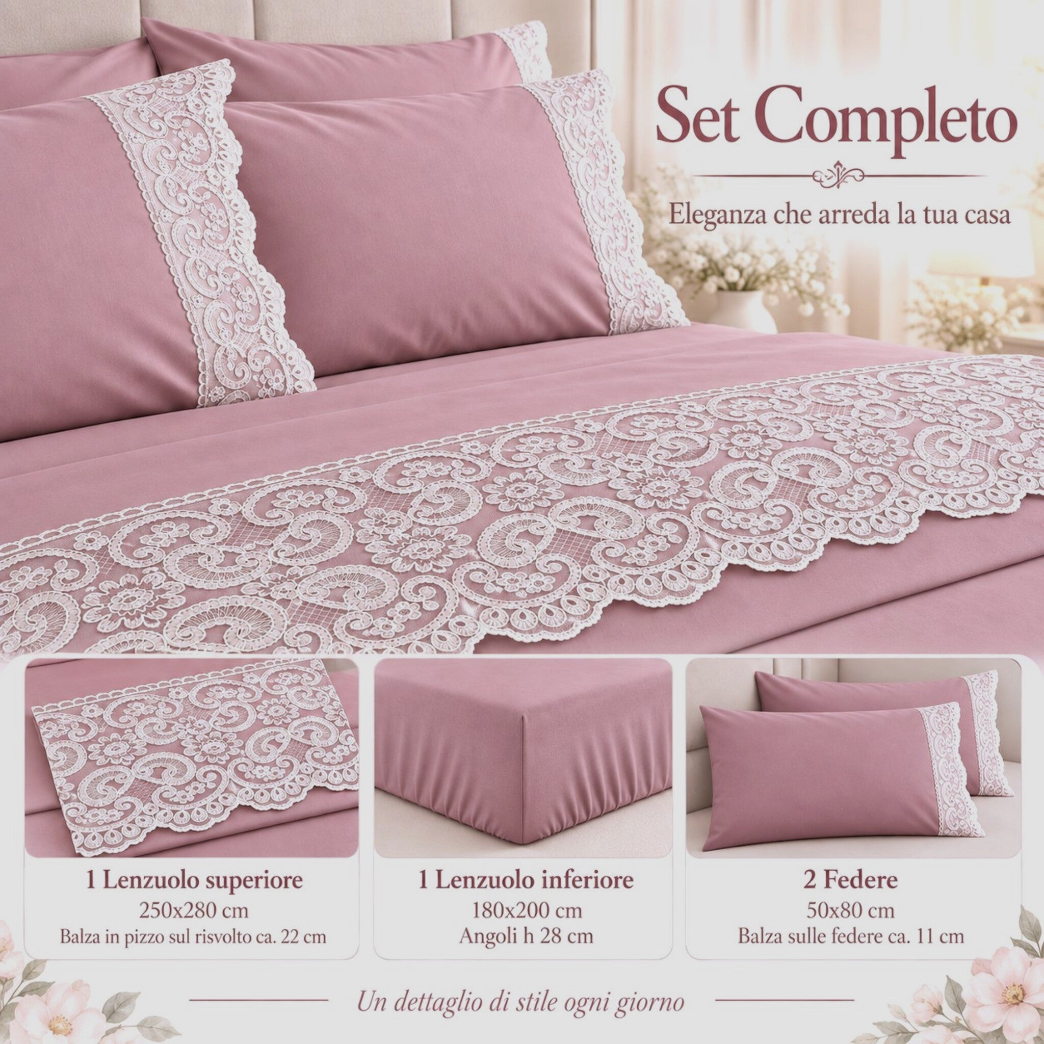 Misure completo lenzuola matrimoniale Carezze Allegra rosa antico 4 pezzi