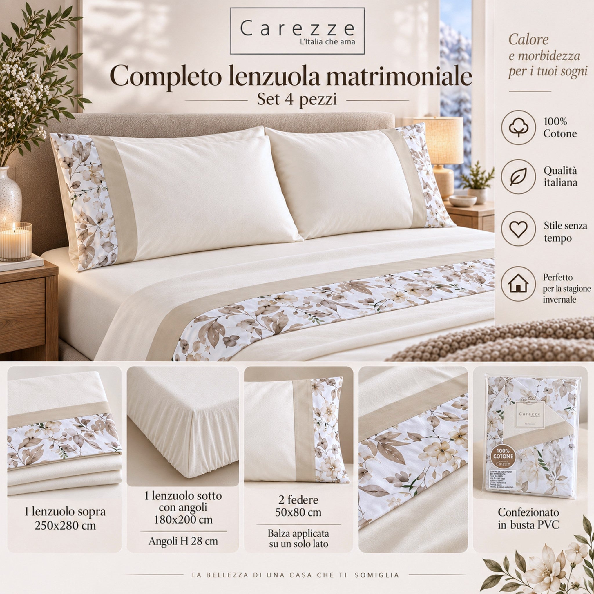 Misure completo lenzuola matrimoniale Carezze Fiordaliso avorio set 4 pezzi