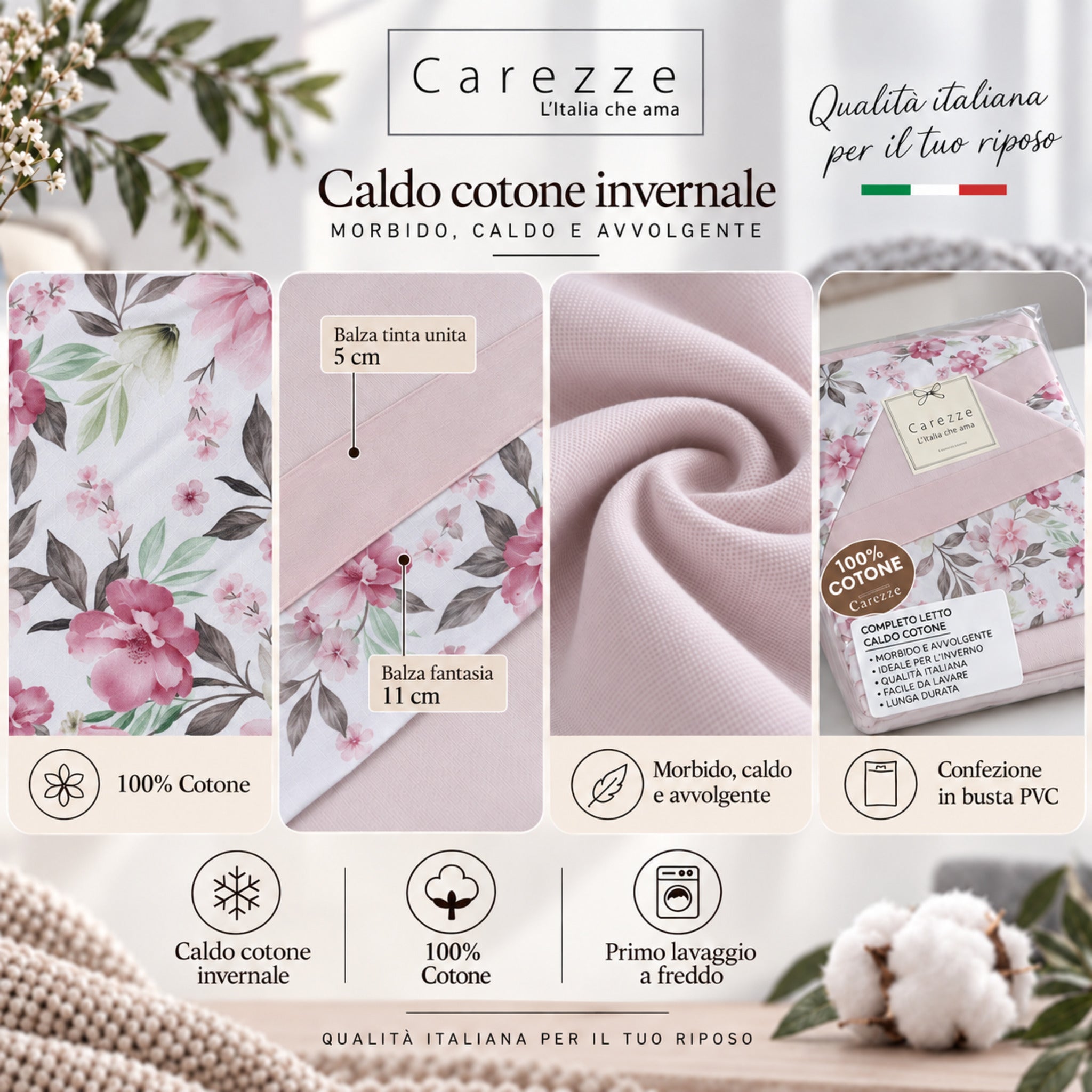 Caratteristiche completo lenzuola Carezze Fiordaliso in caldo cotone 100% Made in Italy rosa