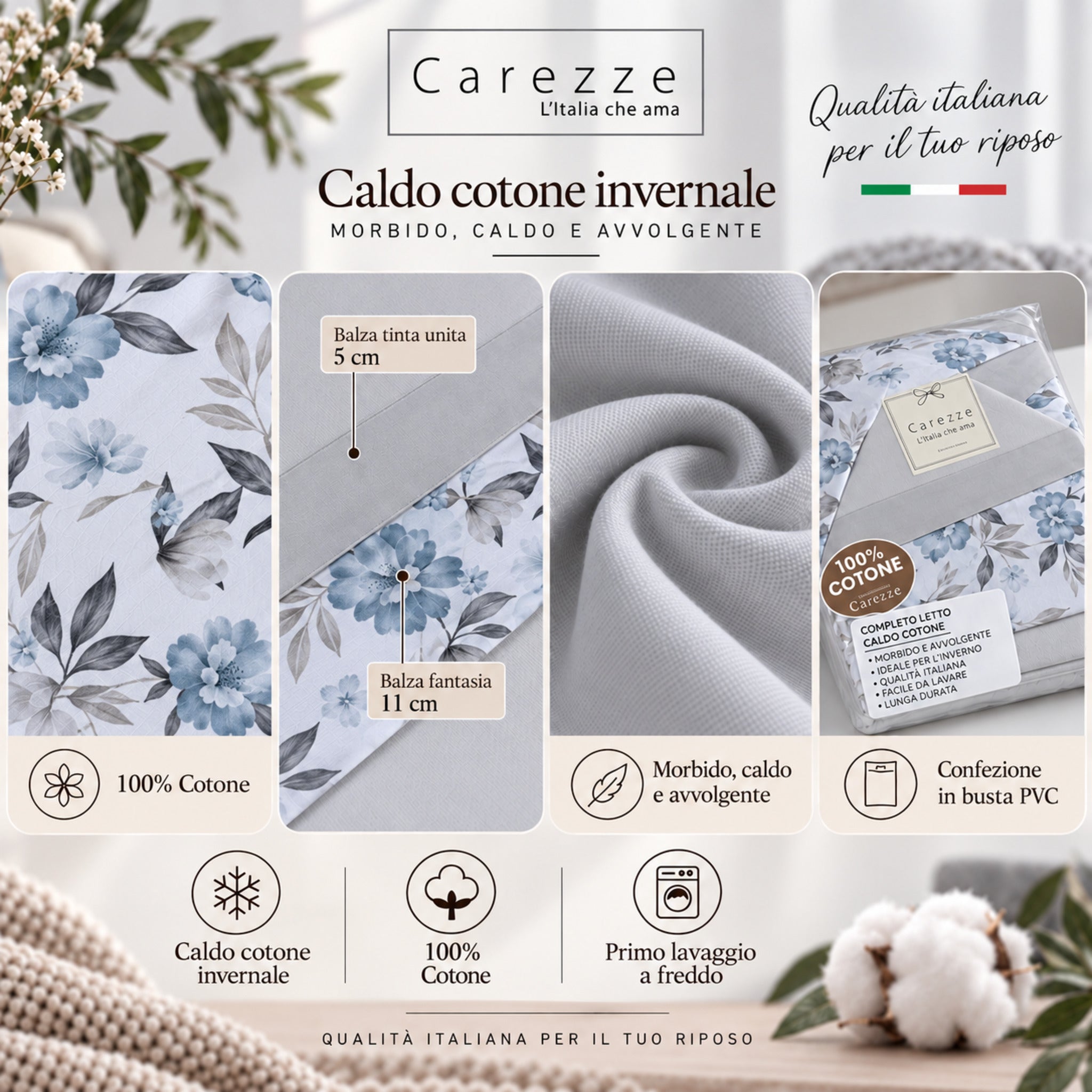 Caratteristiche completo lenzuola Carezze Fiordaliso in caldo cotone 100% Made in Italy grigio