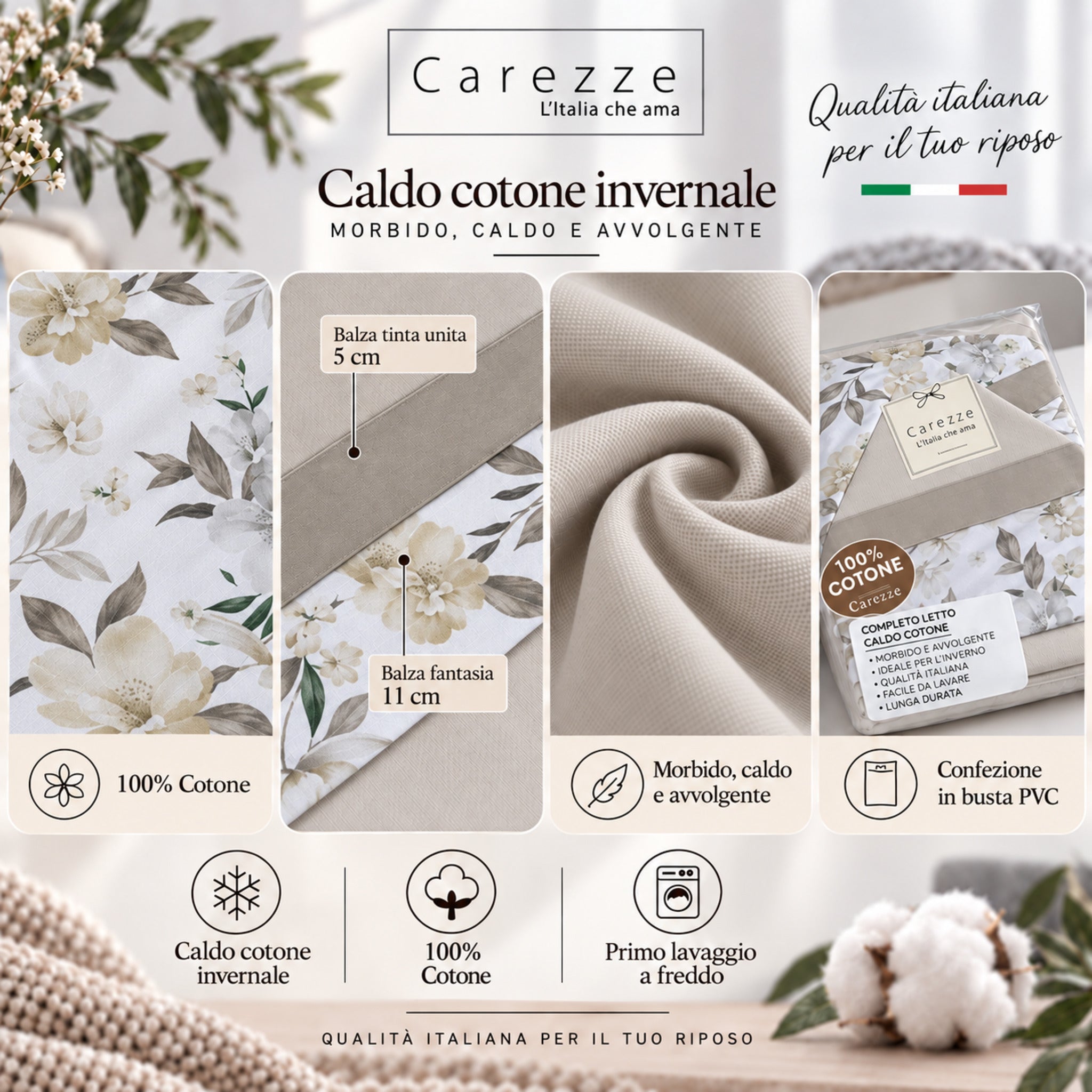 Caratteristiche completo lenzuola Carezze Fiordaliso in caldo cotone 100% Made in Italy sabbia