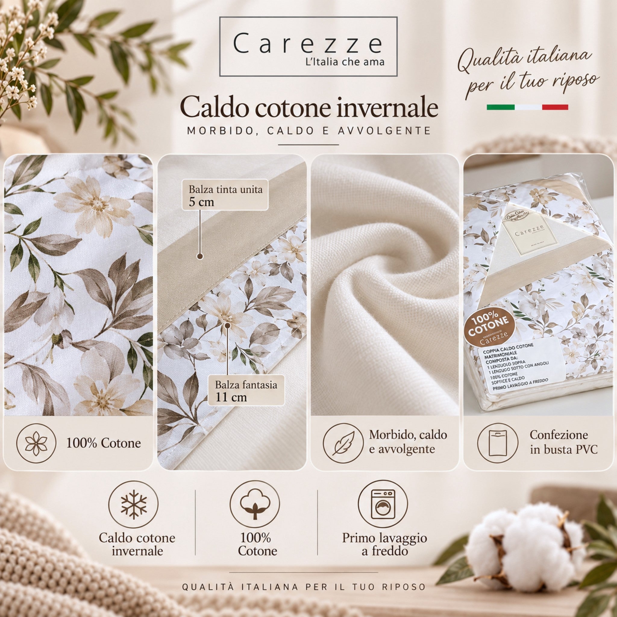 Caratteristiche completo lenzuola Carezze Fiordaliso in caldo cotone 100% Made in Italy avorio