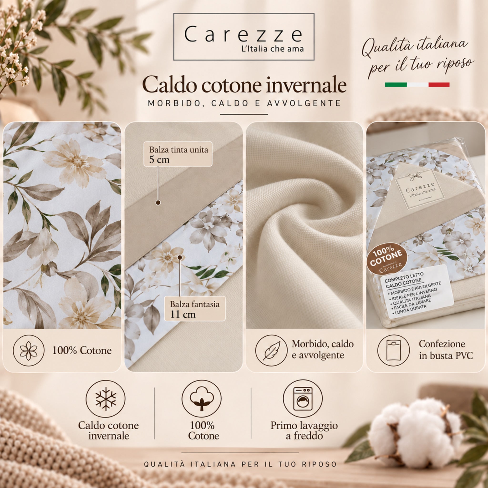 Caratteristiche completo lenzuola Carezze Fiordaliso in caldo cotone 100% Made in Italy ecrù
