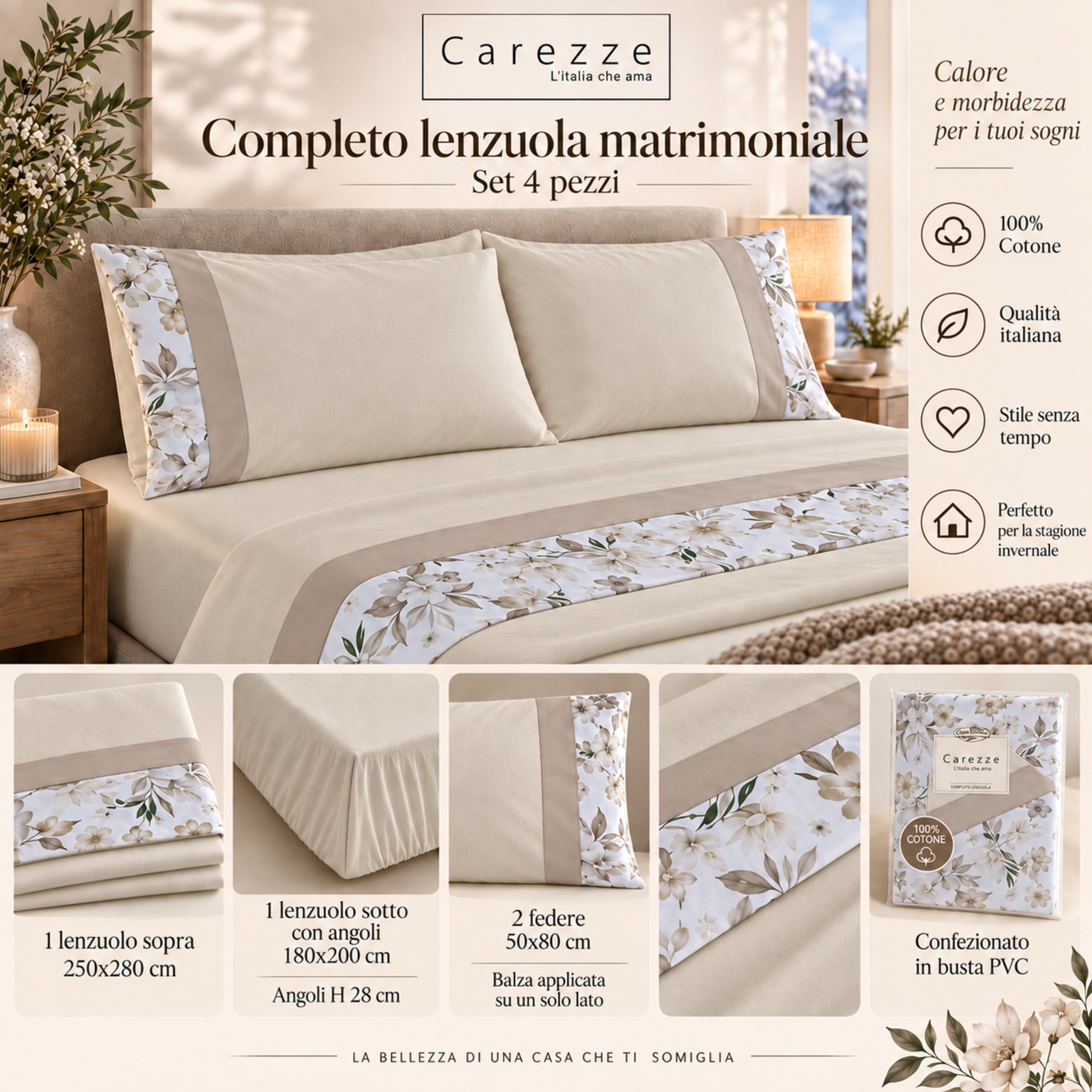 Misure completo lenzuola matrimoniale Carezze Fiordaliso set 4 pezzi ecru