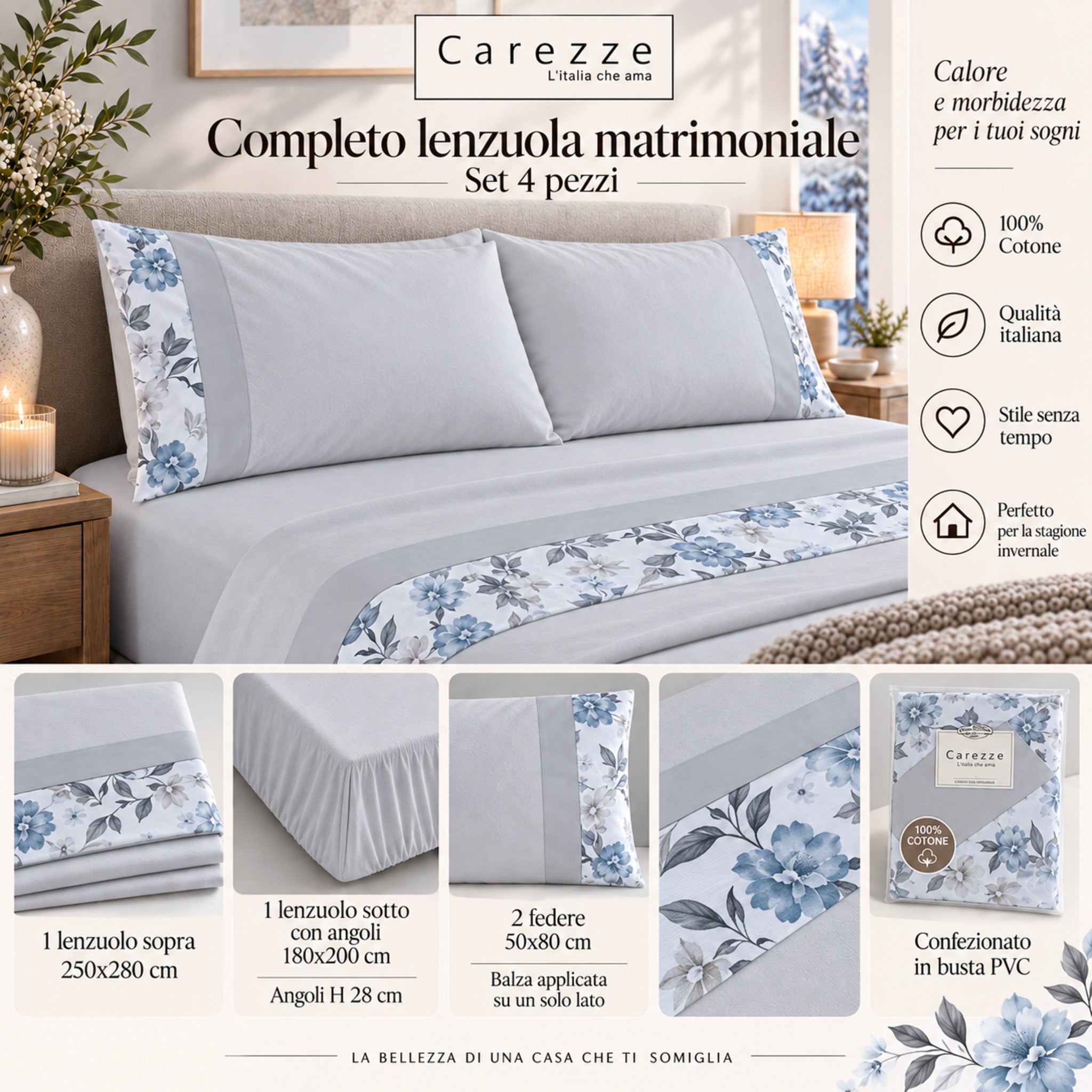 Misure completo lenzuola matrimoniale Carezze Fiordaliso set 4 pezzi grigio