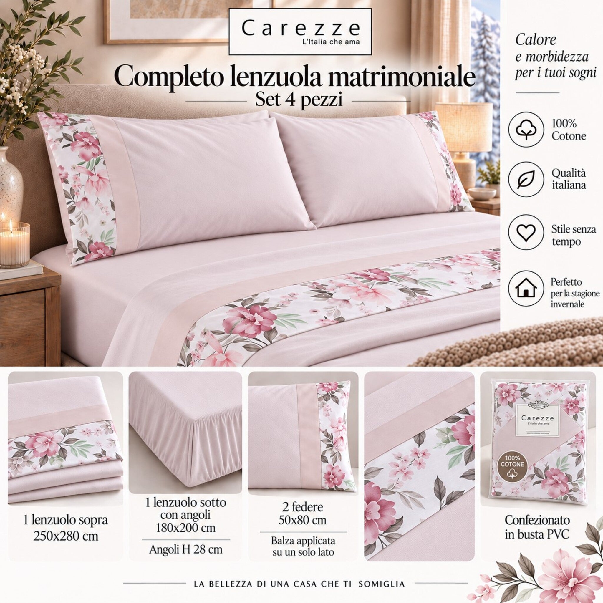 Misure completo lenzuola matrimoniale Carezze Fiordaliso set 4 pezzi rosa cipria