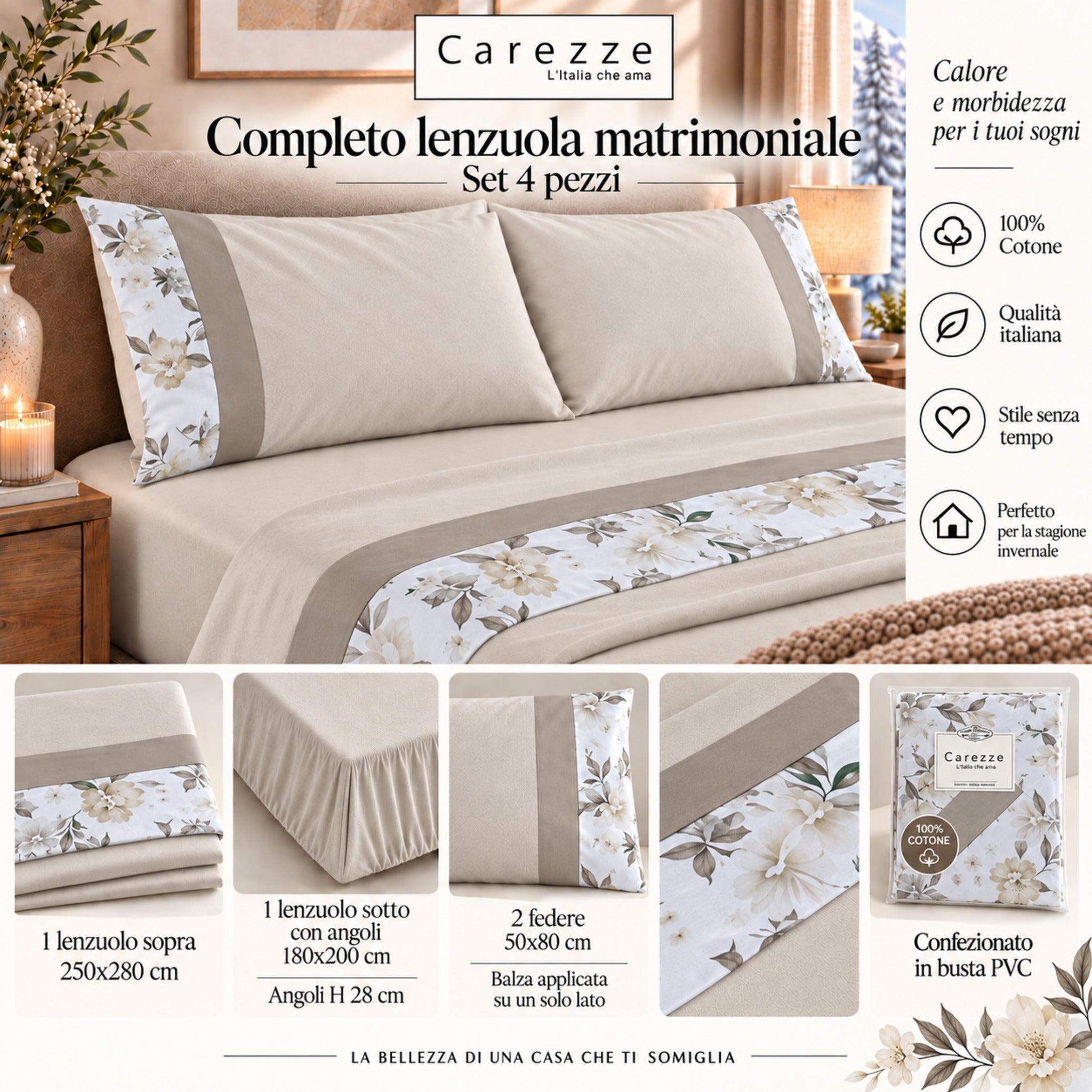 Misure completo lenzuola matrimoniale Carezze Fiordaliso set 4 pezzi sabbia