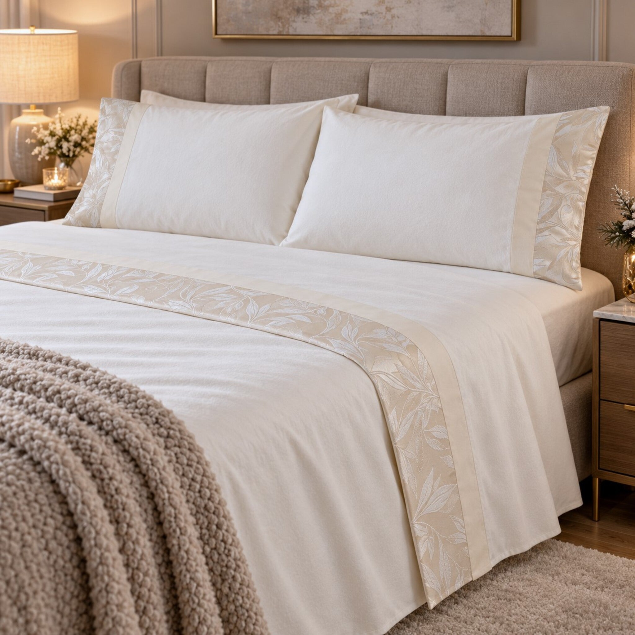 Completo lenzuola matrimoniale Carezze Gioia Avorio in caldo cotone con balza Jacquard