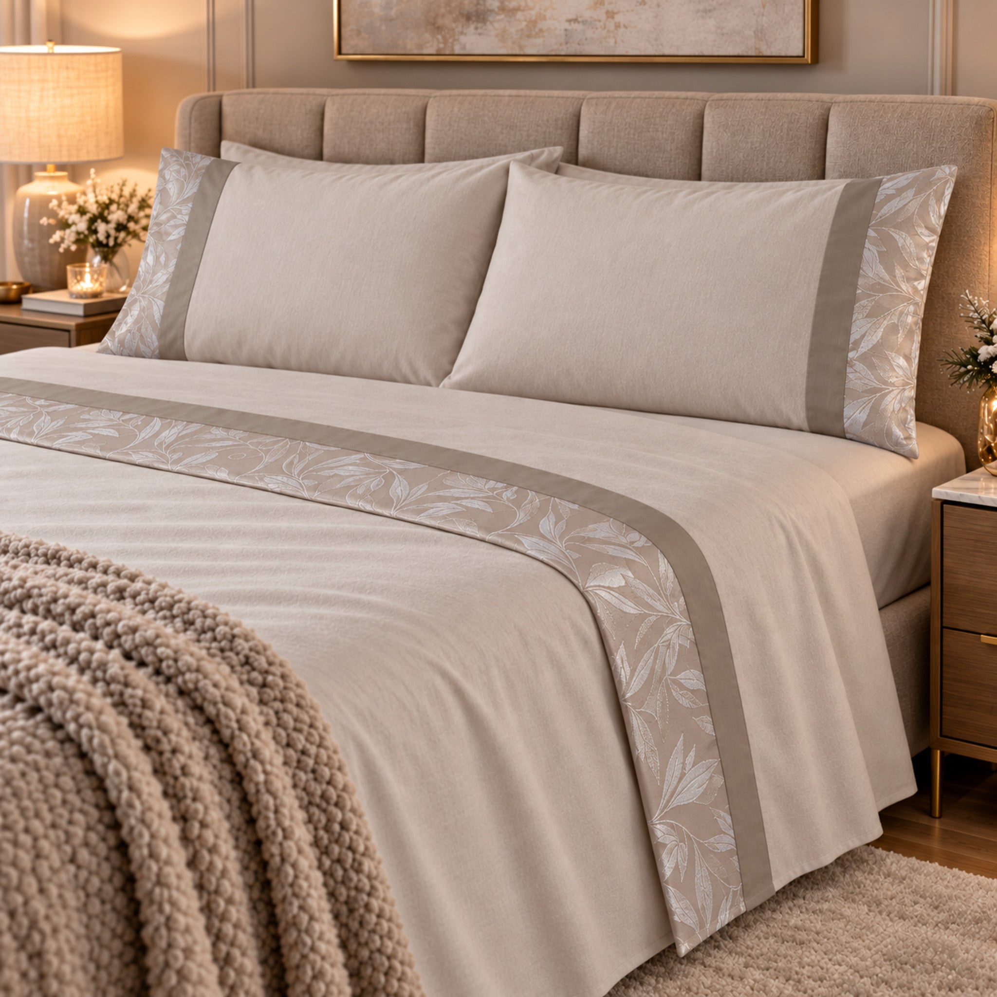Completo lenzuola matrimoniale Carezze Gioia Sabbia in caldo cotone con doppia balza Jacquard