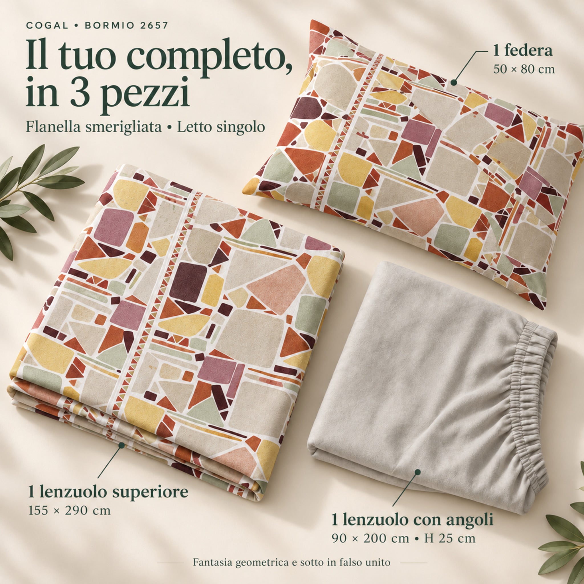 Completo Cogal 2657 Multicolor in tre pezzi: lenzuolo superiore 155x290 cm, inferiore con angoli 90x200 cm e federa 50x80 cm.