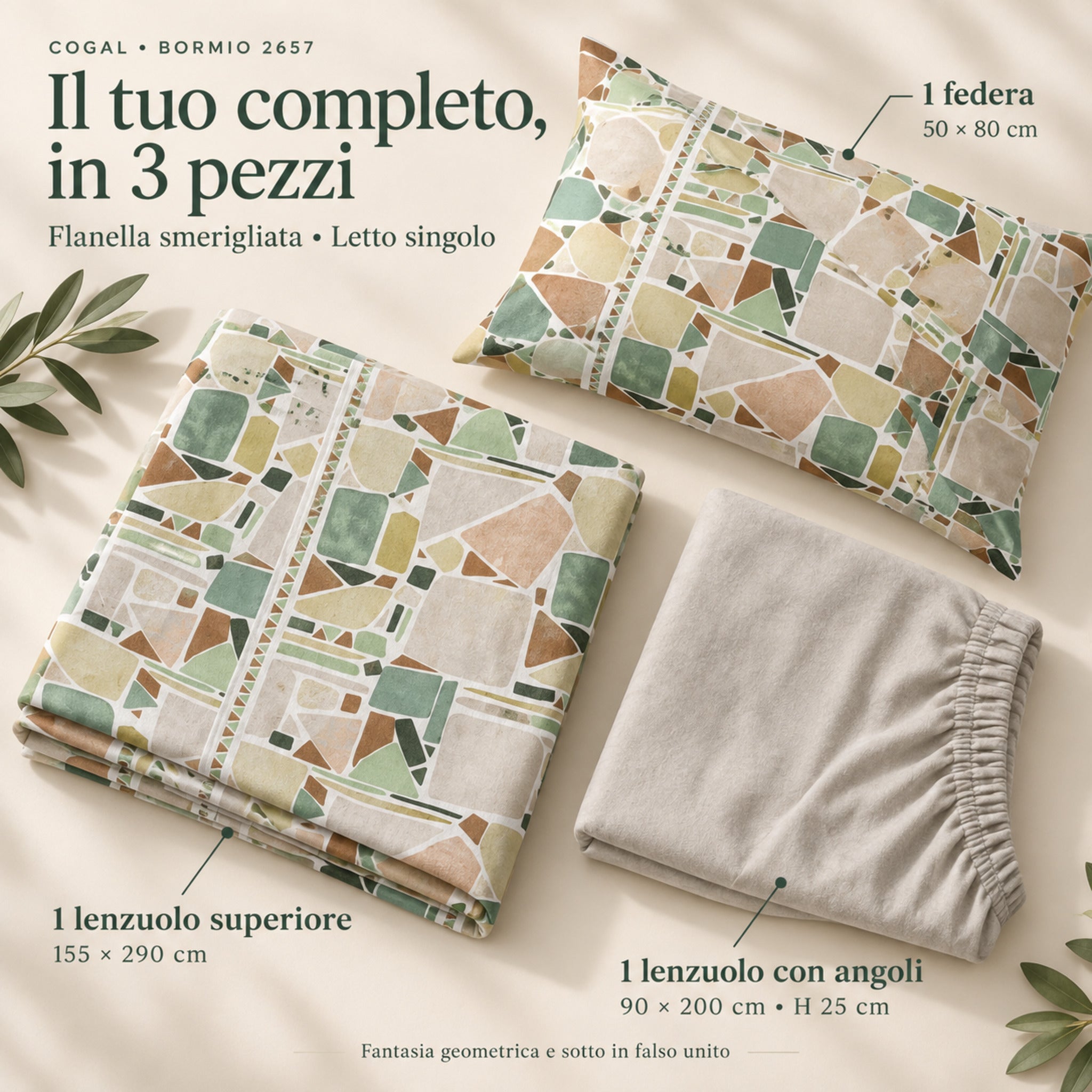 Completo Cogal 2657 Verde con federa e lenzuolo superiore geometrici, lenzuolo inferiore in falso unito e indicazione delle misure.