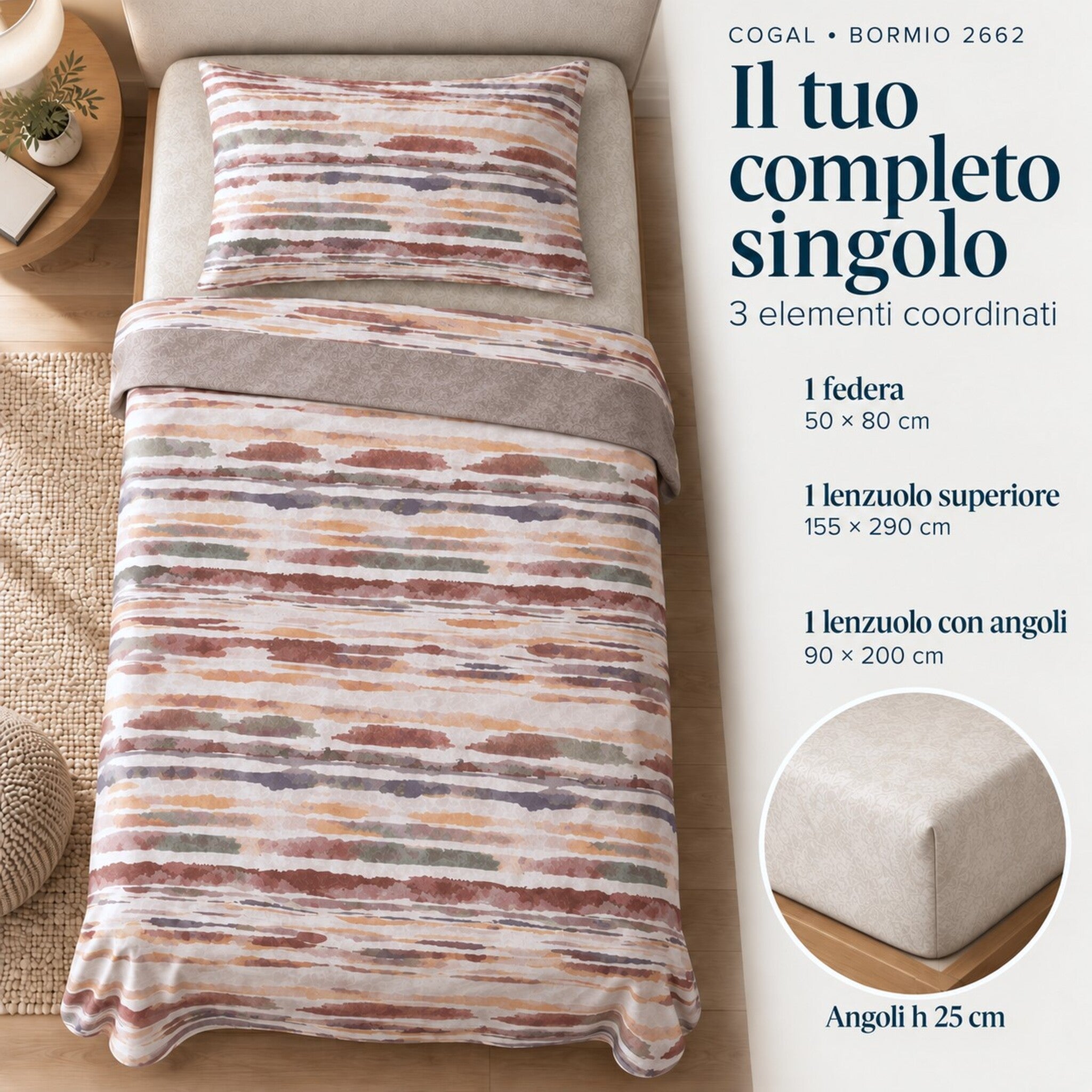 Infografica del completo Cogal 2662 Lino con lenzuolo superiore, inferiore con angoli alti 25 cm e federa coordinata.