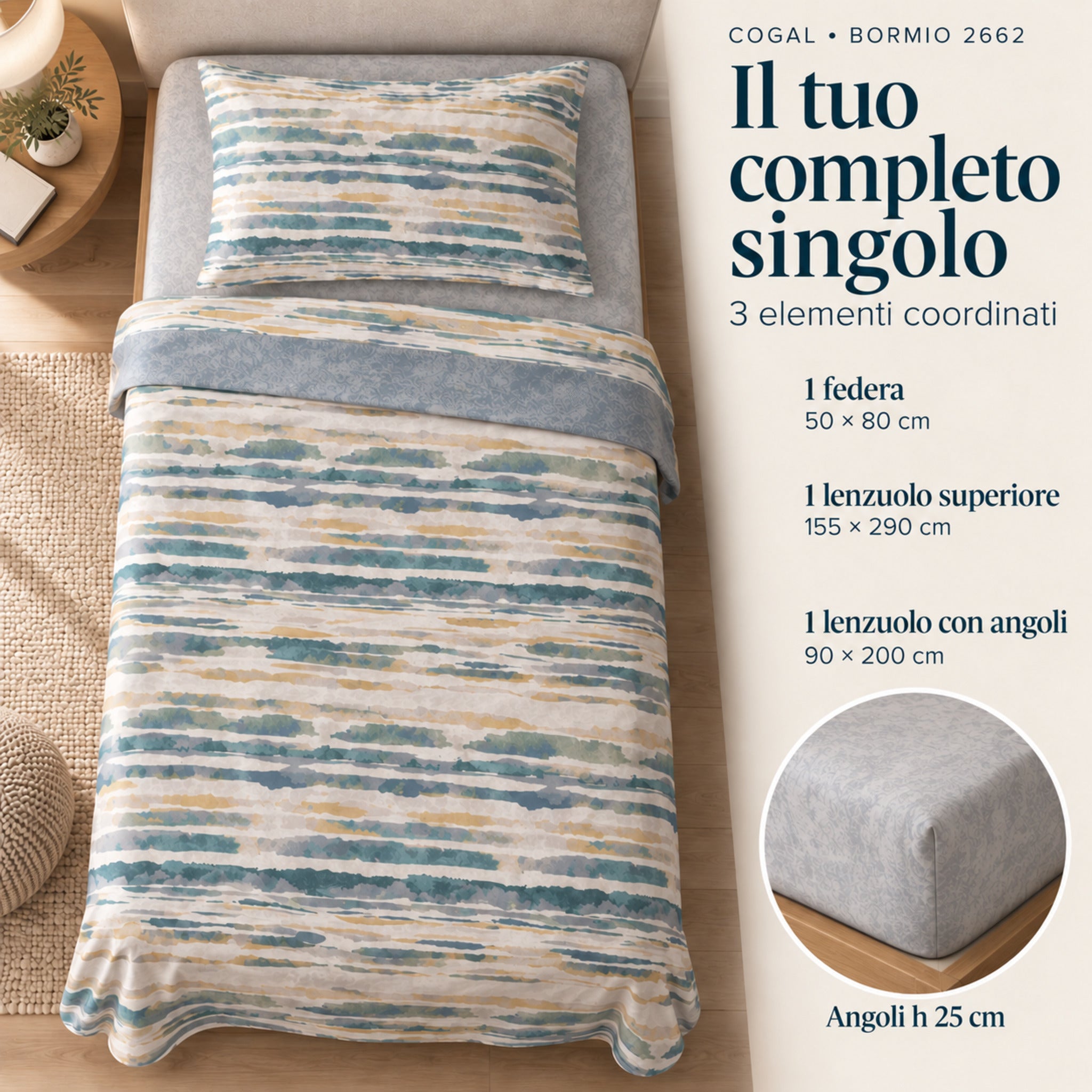 Infografica del completo singolo Cogal 2662 Metal Blue con lenzuolo sopra 155x290 cm, sotto 90x200 cm e federa 50x80 cm.