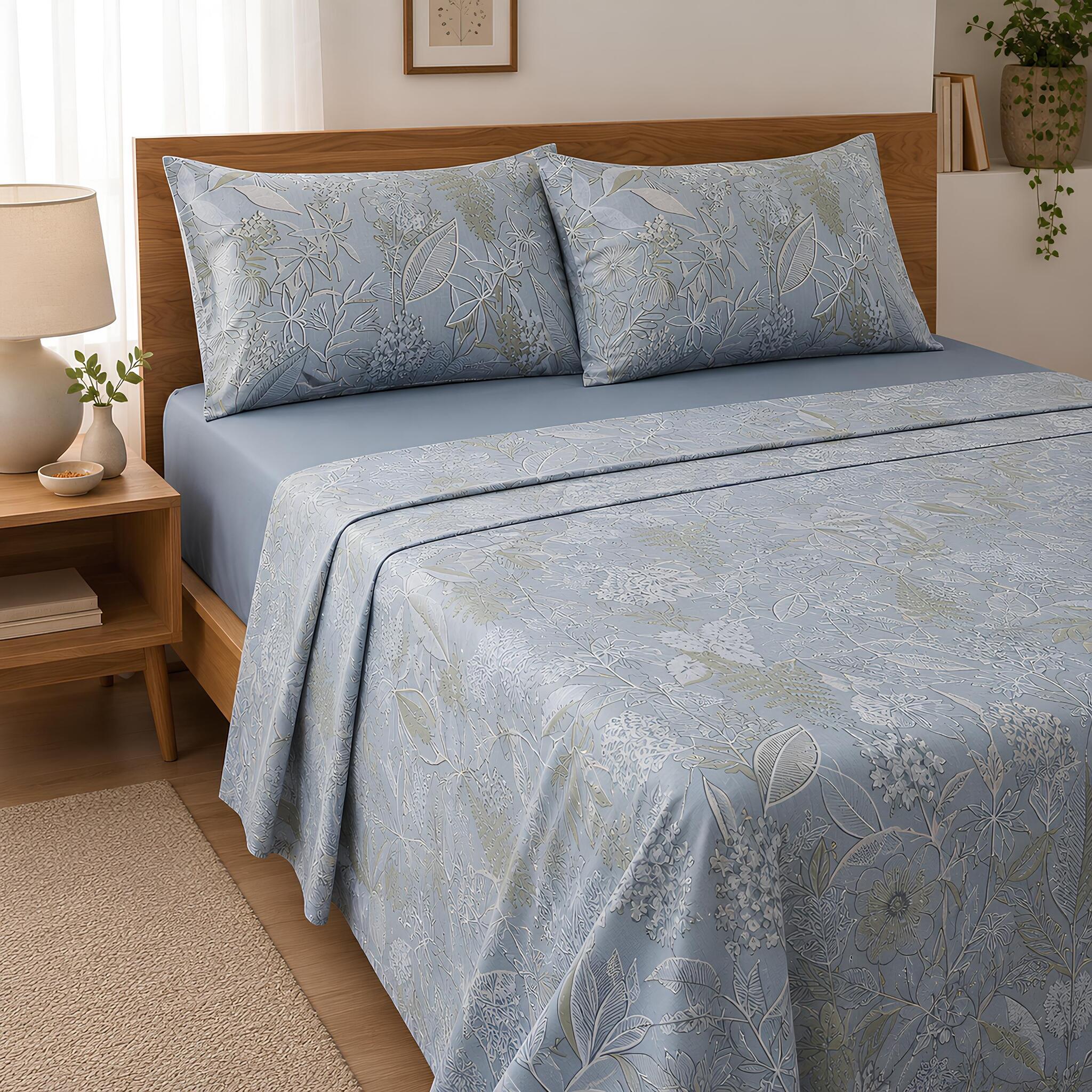 Completo lenzuola matrimoniale Bassetti Aster grigio in 100% cotone con fantasia floreale elegante
