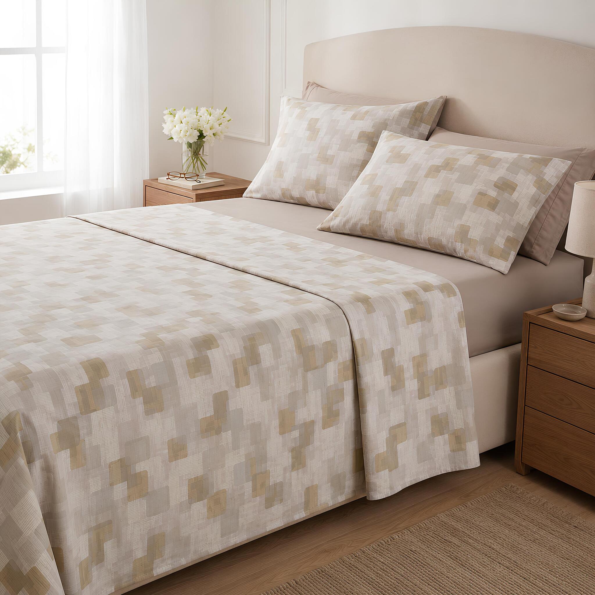 Completo lenzuola matrimoniale Bassetti Gaming beige in 100% cotone con fantasia geometrica moderna