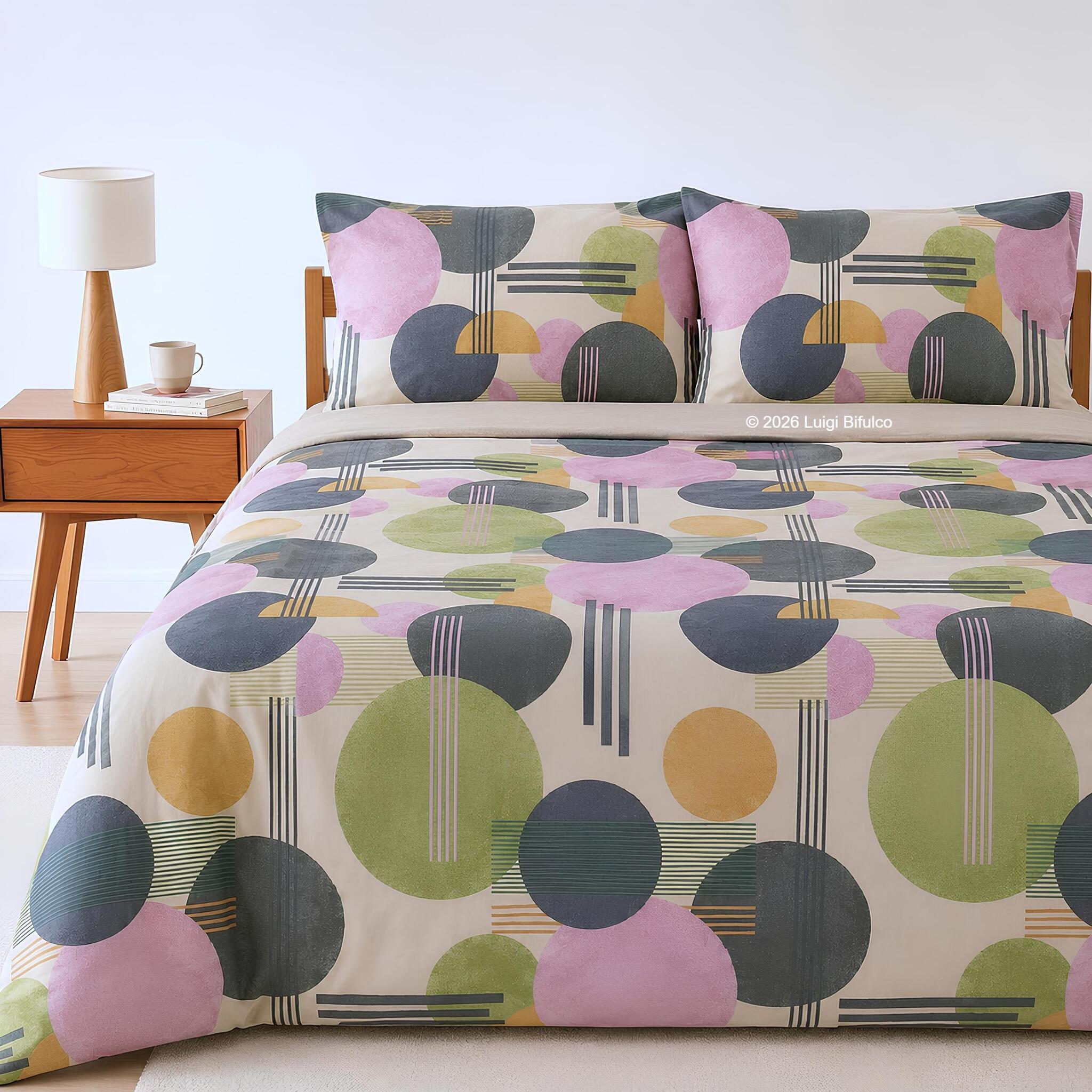 Completo lenzuola matrimoniale Bassetti Glow beige in 100% tela di cotone con fantasia geometrica moderna