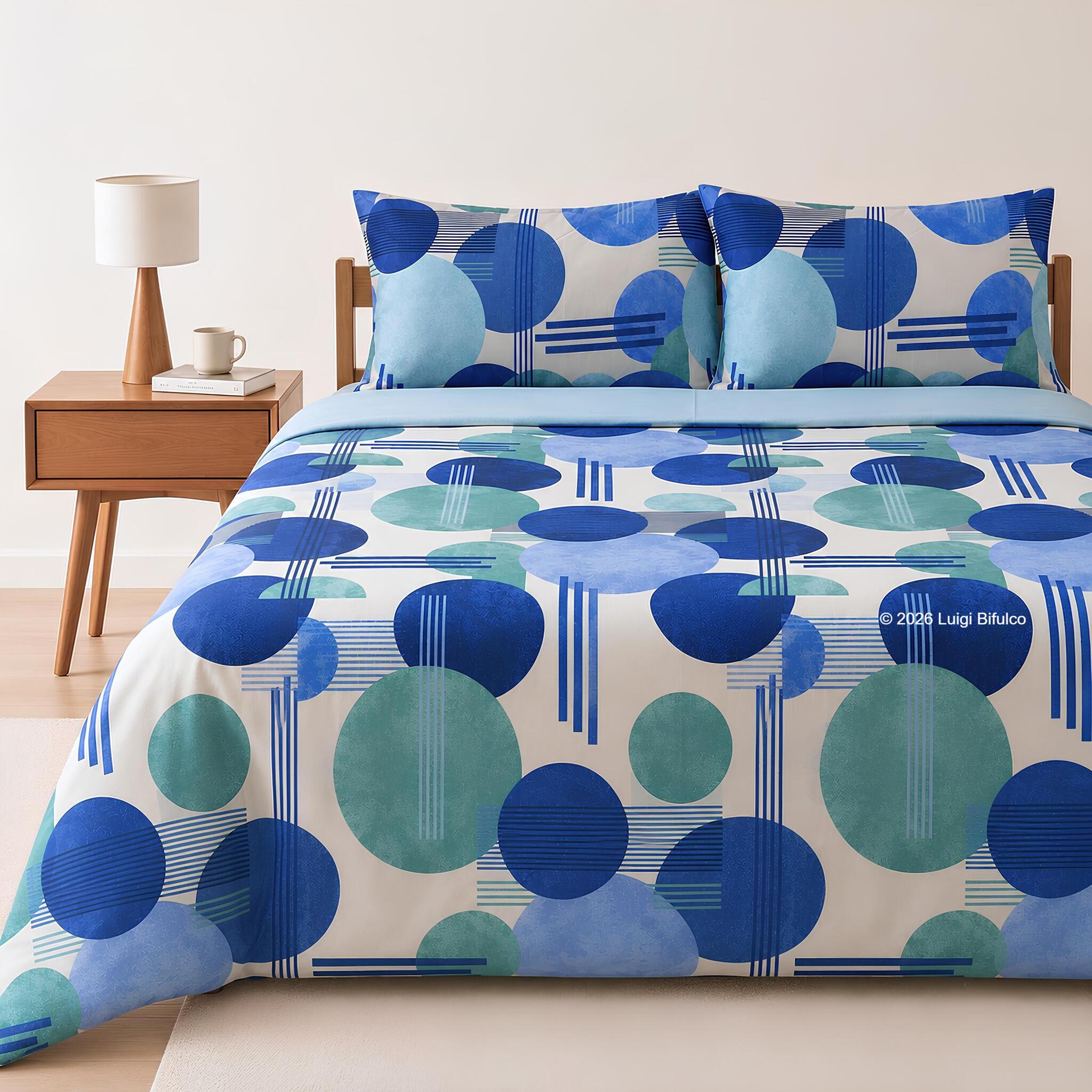 Completo lenzuola matrimoniale Bassetti Glow blu in 100% tela di cotone con fantasia geometrica moderna