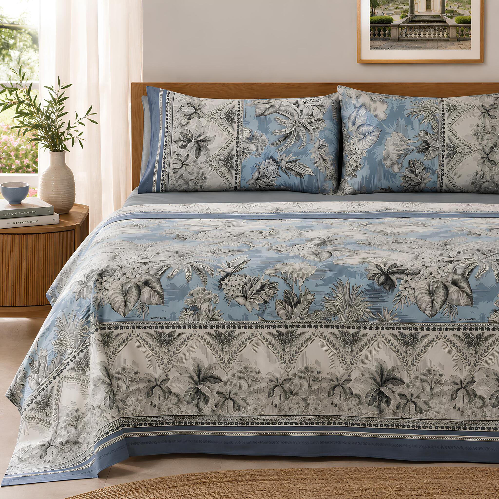 Completo lenzuola matrimoniale Bassetti Granfoulard Boboli Azzurro in puro cotone con fantasia botanica