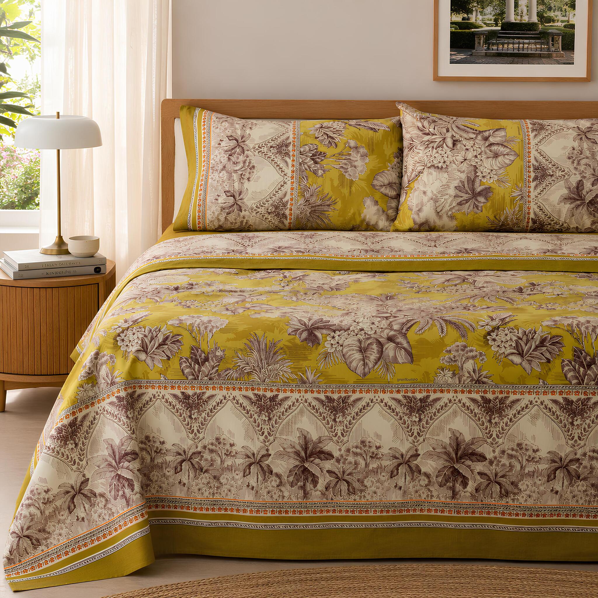 Completo lenzuola matrimoniale Bassetti Granfoulard Boboli Oro con elegante fantasia botanica tropicale
