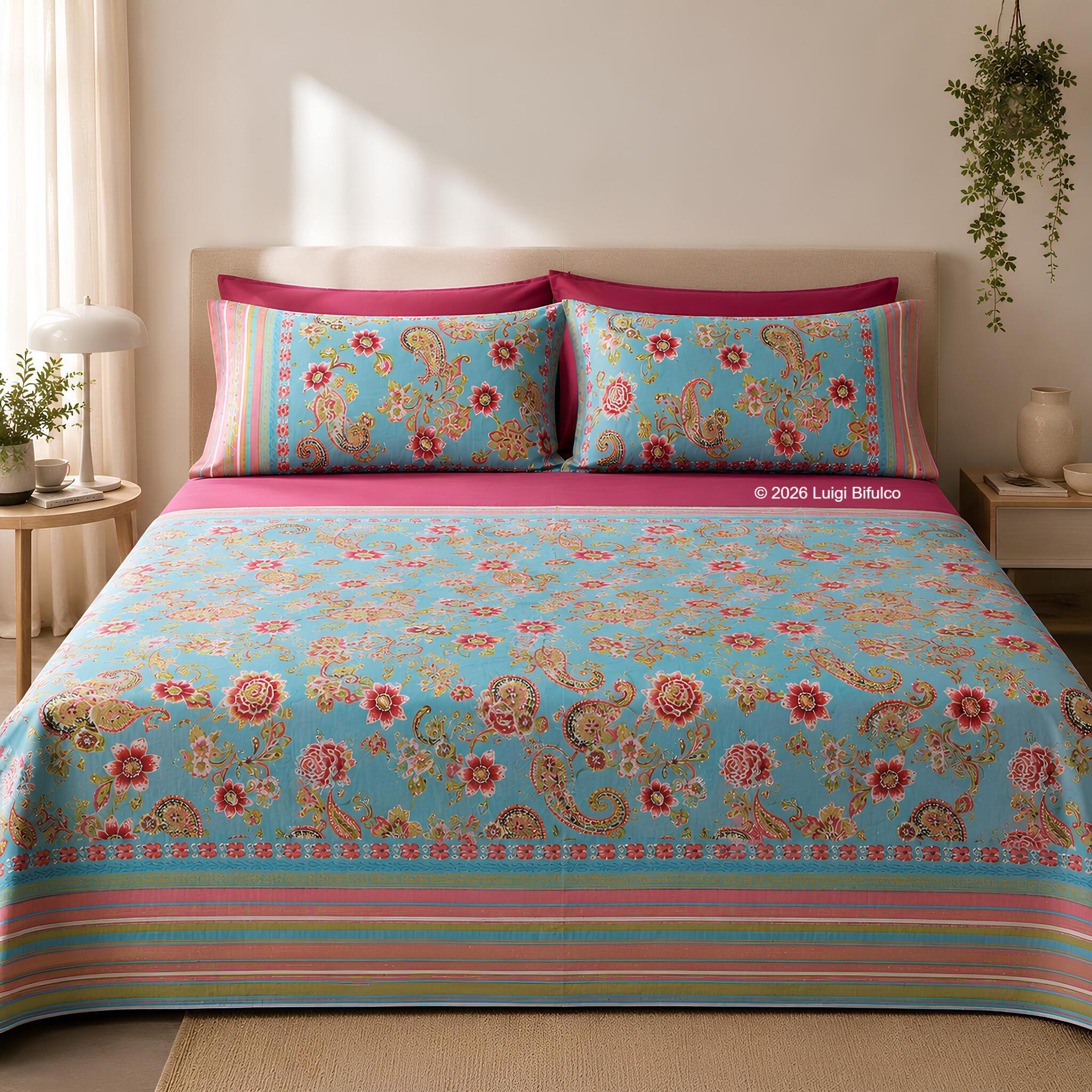 Completo lenzuola matrimoniale Bassetti Granfoulard Rapallo turchese in 100% puro cotone con effetto copriletto