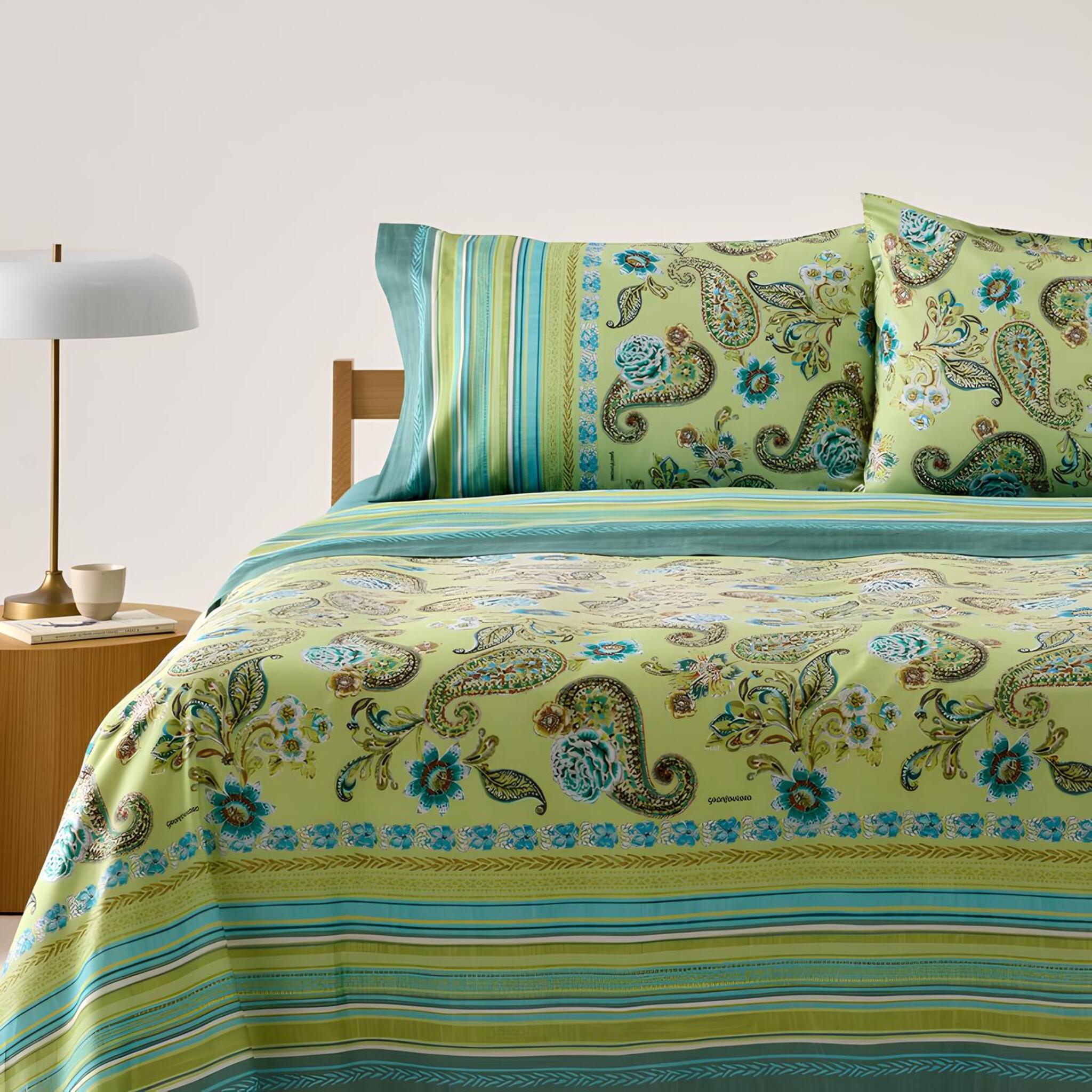 Completo lenzuola matrimoniale Bassetti Granfoulard Rapallo in 100% cotone con fantasia paisley verde