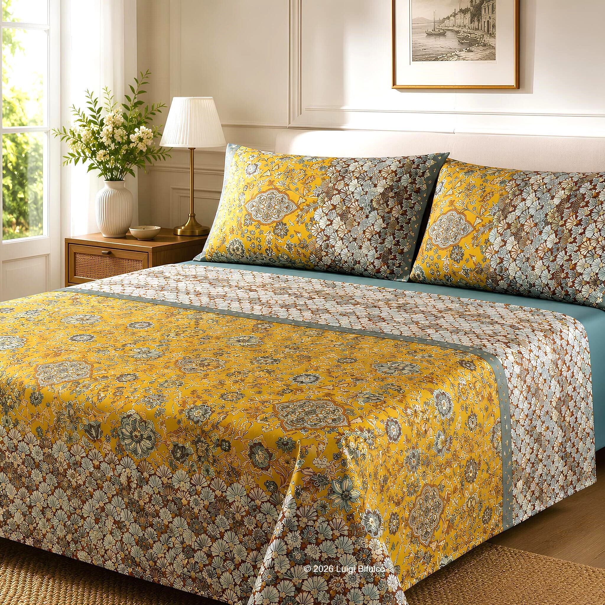 Completo lenzuola matrimoniale Bassetti Granfoulard Tigullio colore Oro in raso di puro cotone Made in Italy
