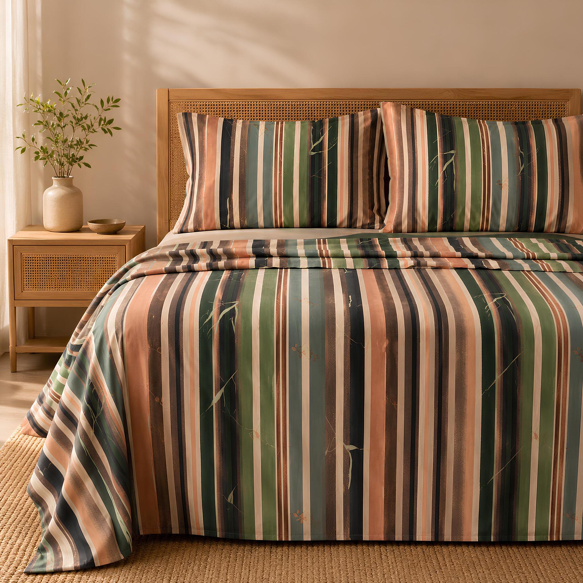 Completo lenzuola matrimoniale Bassetti Grove verde in 100% puro cotone ambientato su letto matrimoniale